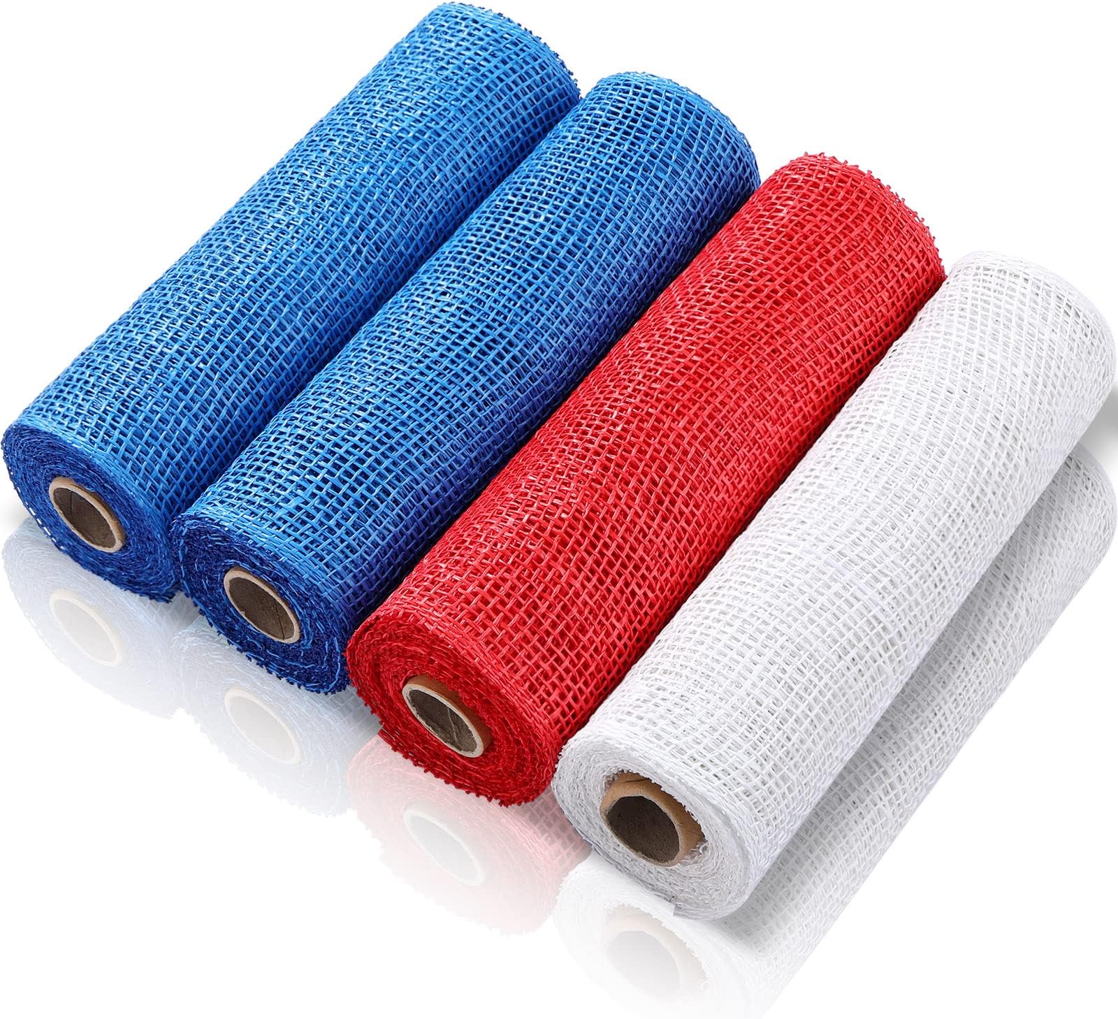Chuangdi 4 Rolls Poly Burlap Mesh Poly Burlap Deco Mesh Ribbon Mesh Roll for Spring Summer Easter 4th of July DIY Flower Wreath Garland, 10 Inch(Blue, Red, White)
