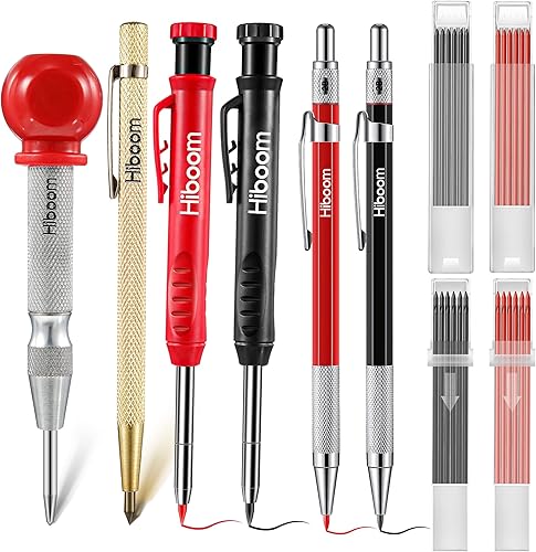 Hiboom Lápices de carpintero con punzón central, lápiz de marcado de agujeros profundos mecánico con sacapuntas integrado, herramienta de escritura