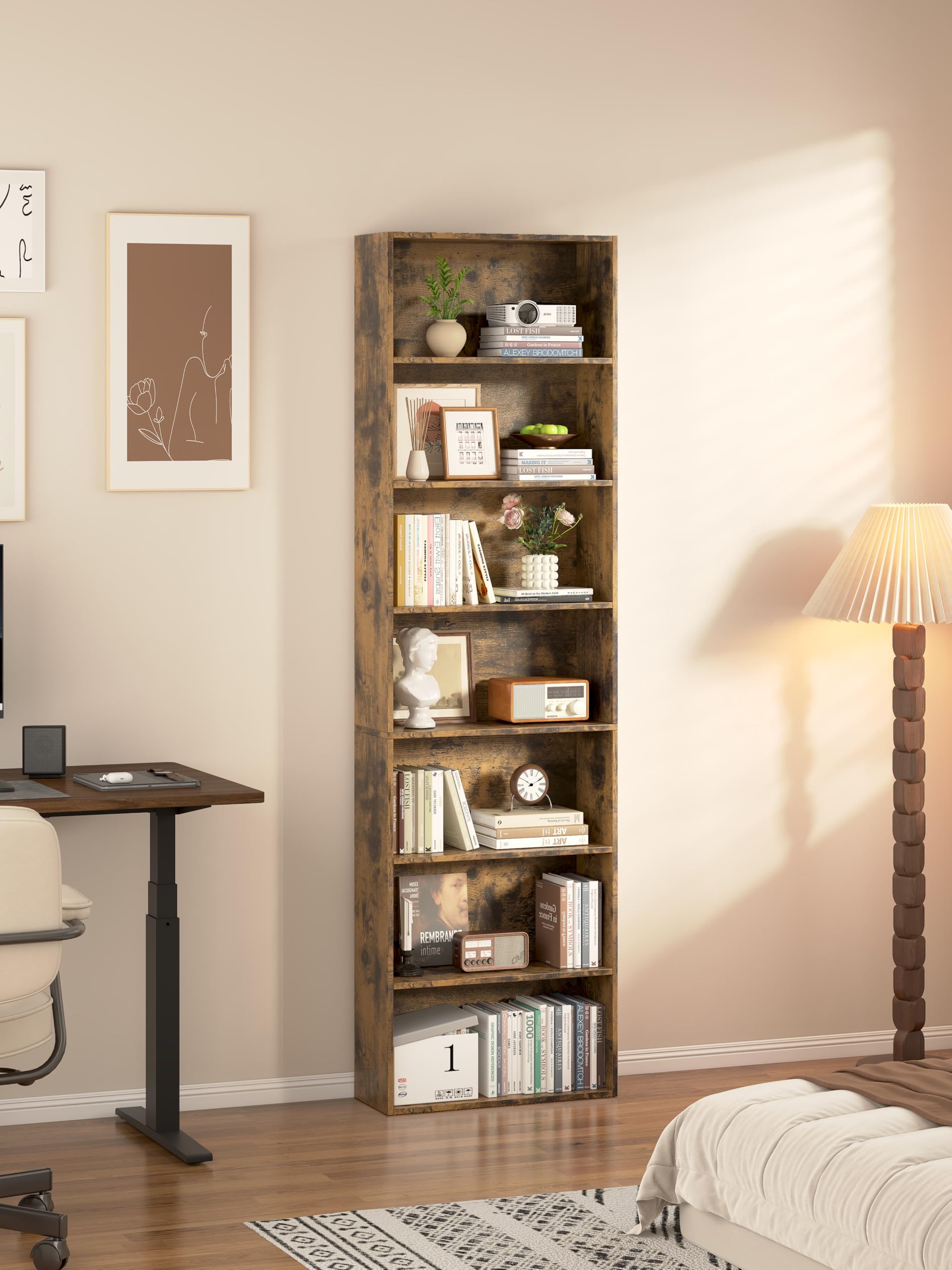 Garvis Standregal 7 Ebenen | 60 cm breit, 210 cm hoch | Offenes Bücherregal Weiß Schwarz Eiche | Büroregal Wohnzimmer (Rustikal)