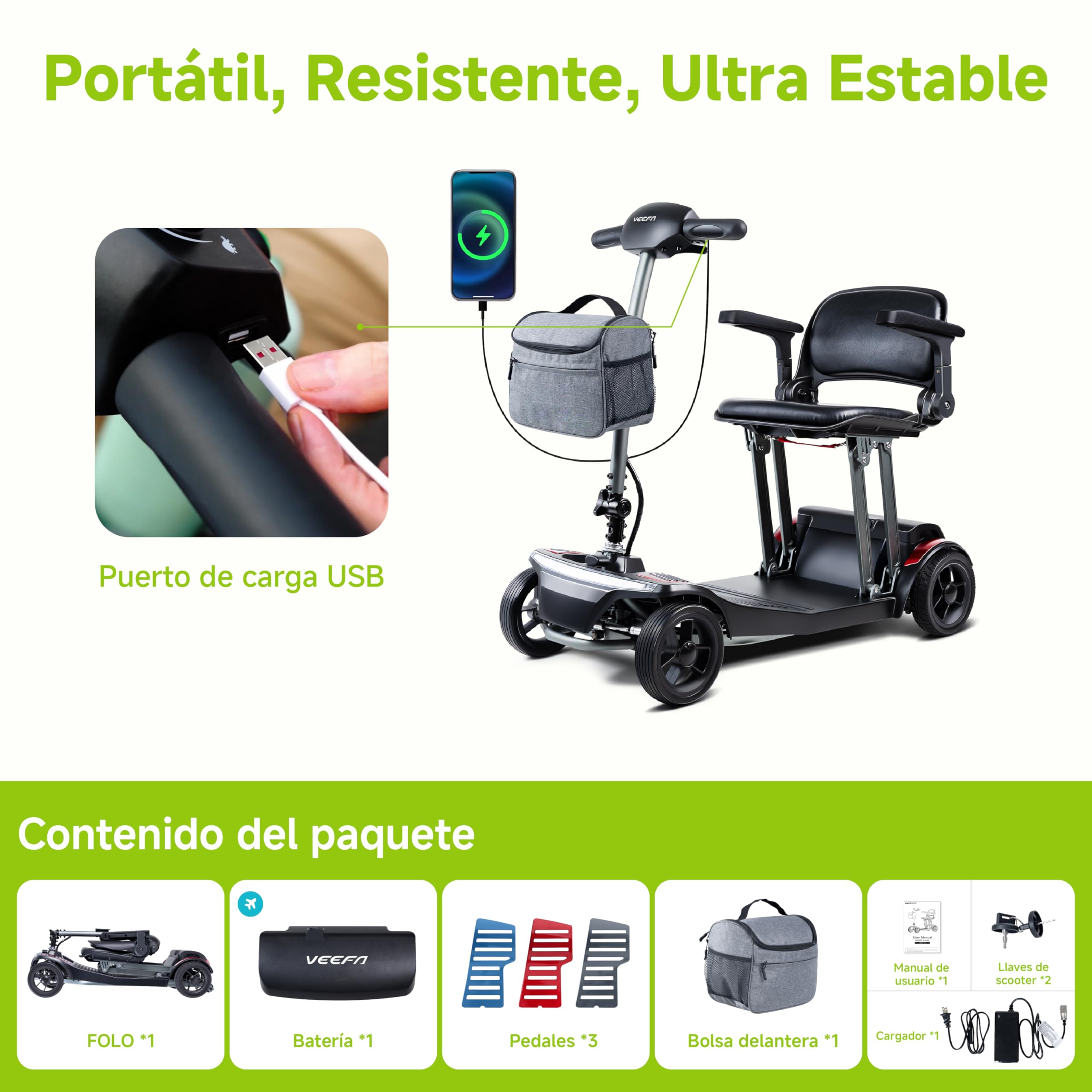 VEEFA Scooter eléctrico adulto 4 Ruedas, Construcción Ligera 20kg | 30km Autonomía 6km/h, Vehículo Eléctrico de Aluminio para Coche/Avión/Tren, Puerto USB, Scooter Minusvalidos