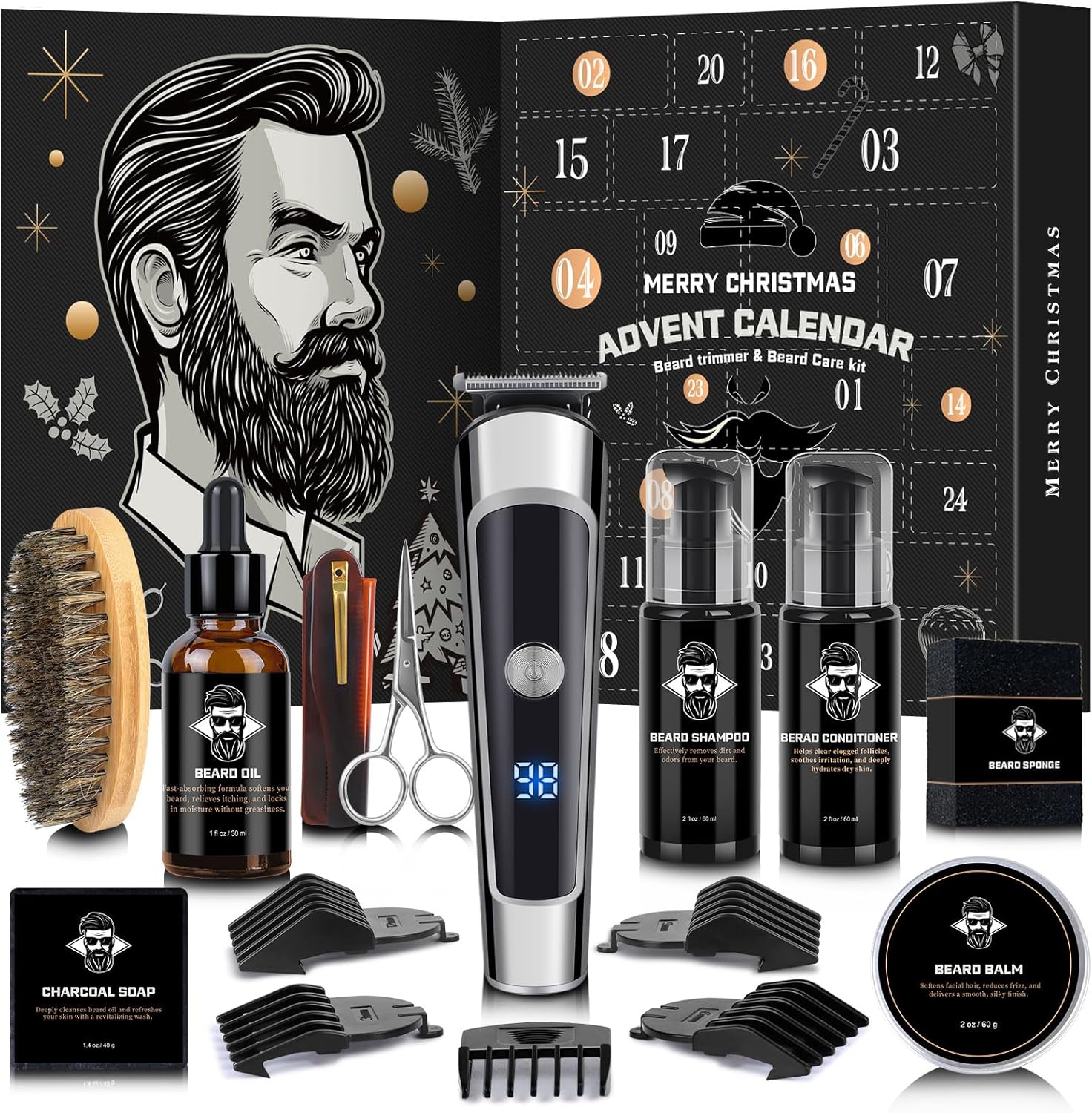 Hair & Beard Advent Beauty Calendar 2025 for Men Grooming Kit, 24 Days Christmas Countdown Calendar with Electric Trimmer Kit & Beard Care Kit for Men, Creative Gifts for Father Dad Husband Boyfriend