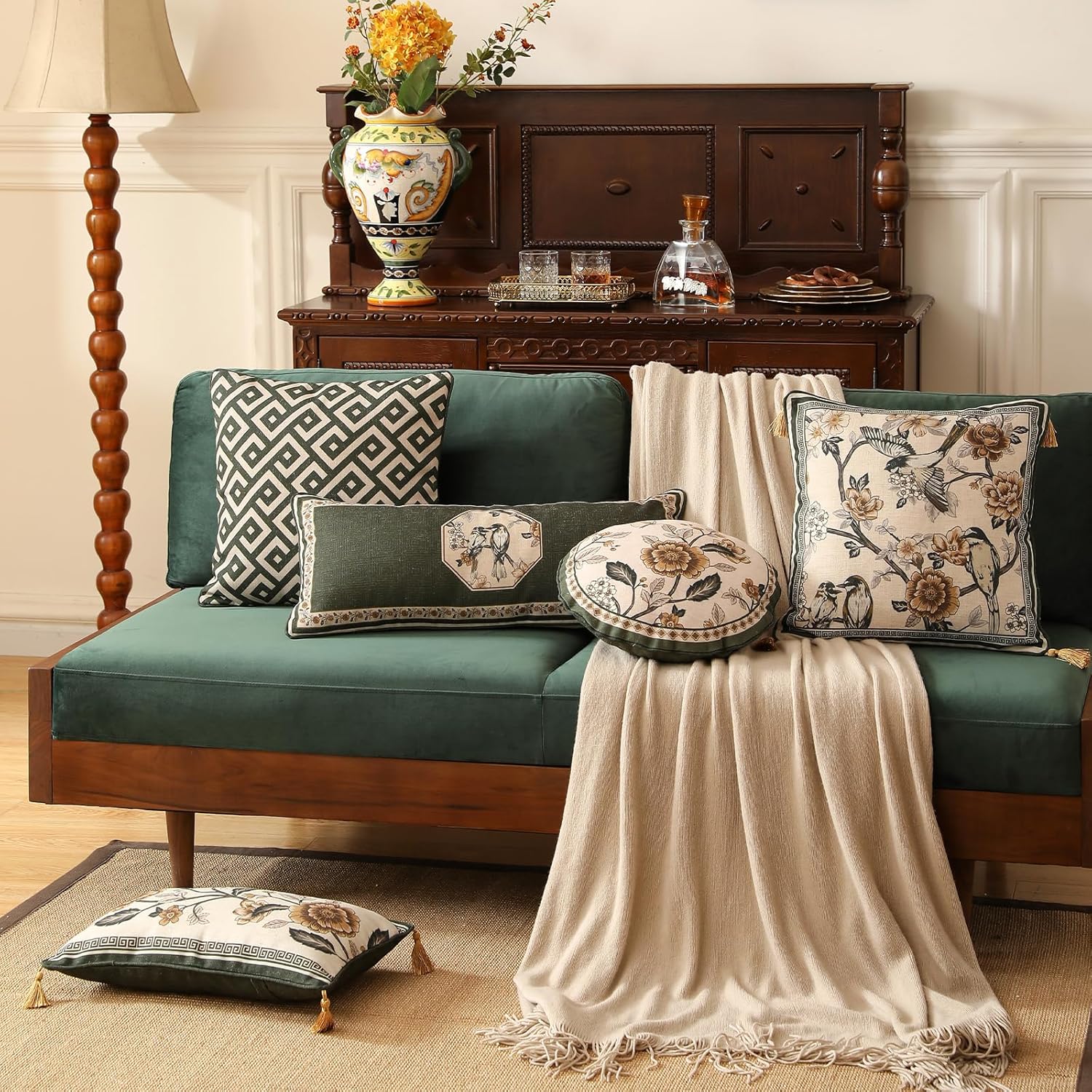 ISAENNE Design Linen Chinoiserie Round Throw Pillow Covers Diameter 16" Pack of 2, Farmhouse Cushion Covers with Yellow Floral Birds Pattern Decoration Pillowcases for Bed,Living Room,Outdoor,Car