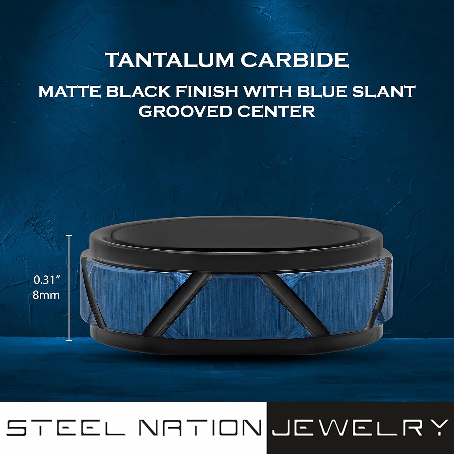 Tantalum Carbide 8mm Black and Blue Matte Finish Slanted Groove Men’s Wedding Band Ring