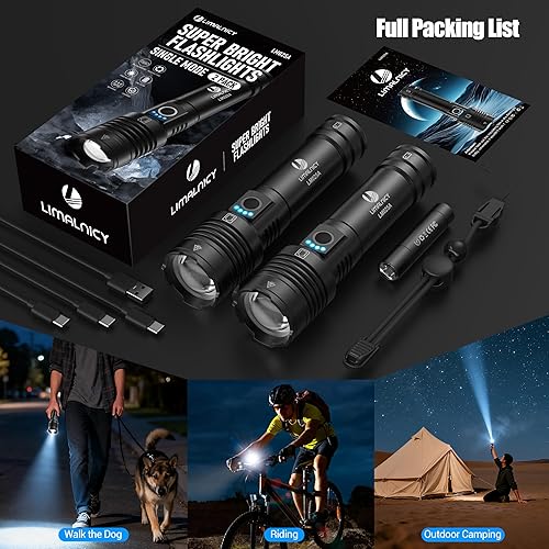 Miniatura 8 de Linternas recargables de alto lúmenes, un solo modo, paquete de 2, súper brillante, potente LED de 30 W, larga duración de 12 horas, entrada y