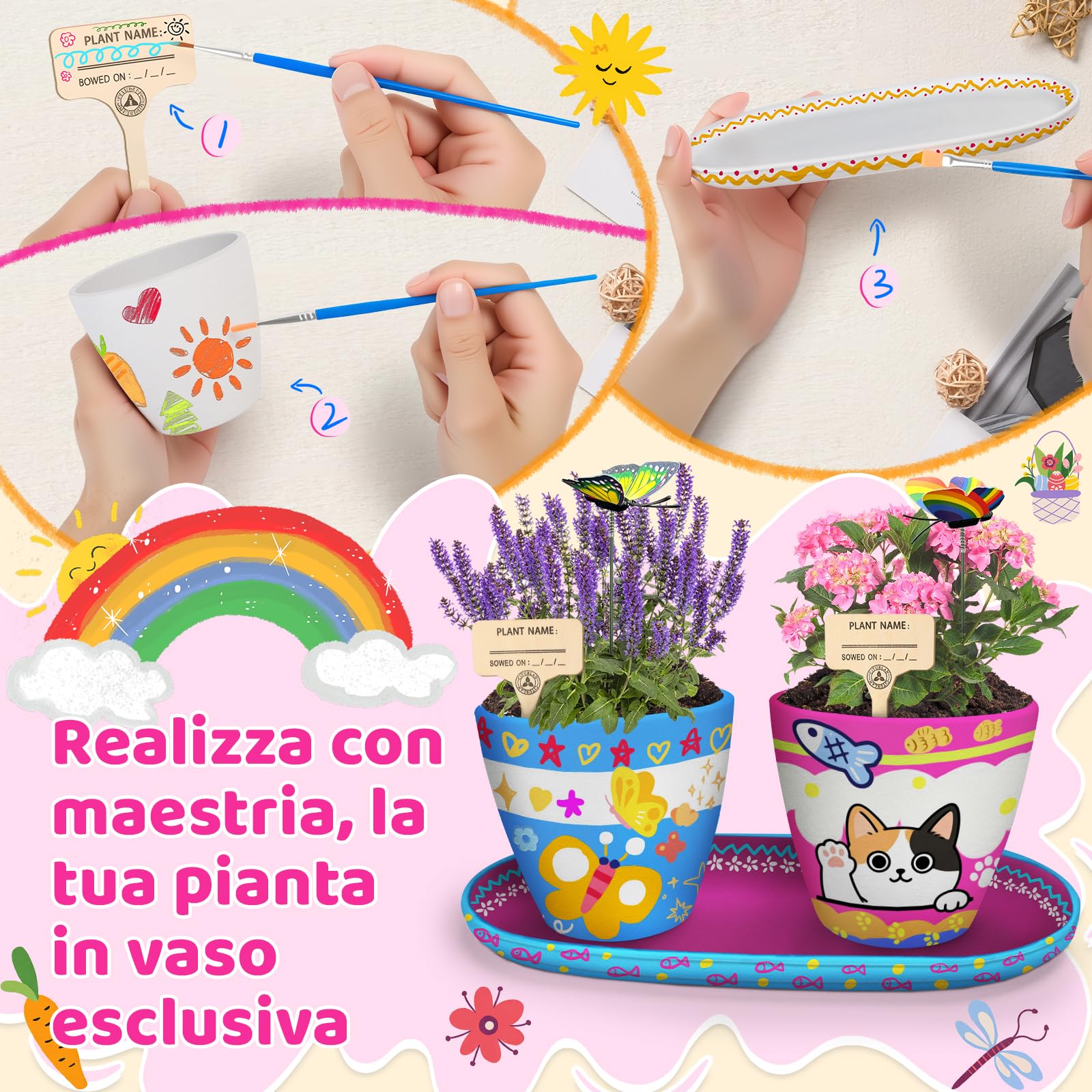 IEEILULU Set Giardinaggio Bambini, Kit Pittura Vasi 35 Pezzi, Colorare Bambini Fai da Te, Set di Artigianato Regalo di Compleanno per Ragazze e Ragazzi 4-14 Anni