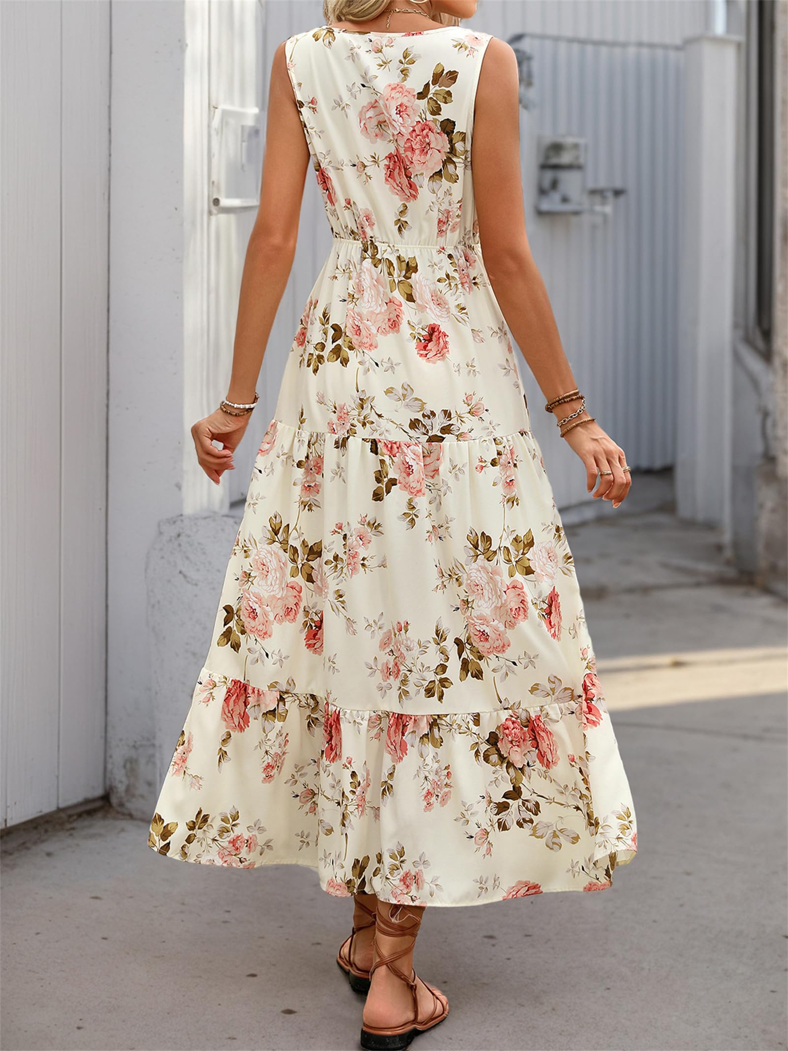 Generisch Bedrucktes ärmelloses Damenkleid, Damen 2025 Sommer ärmellos V-Ausschnitt Boho Knopf Langes Kleid Strand Langes Sommerkleid