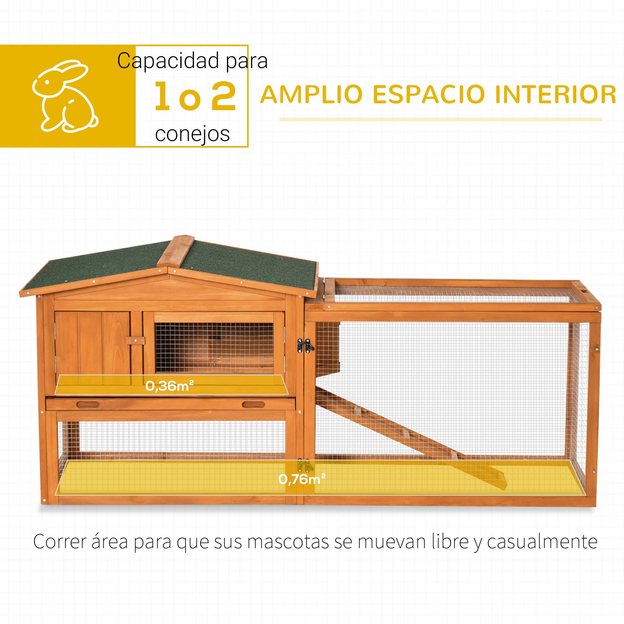 PawHut Conejera de Madera Exterior Jaula para Conejos de 2 Niveles 156x58x68 cm con Techo Asfáltico 2 Corrales de Metal Bandeja Extraíble 2 Puertas Ventana y Rampa Natural