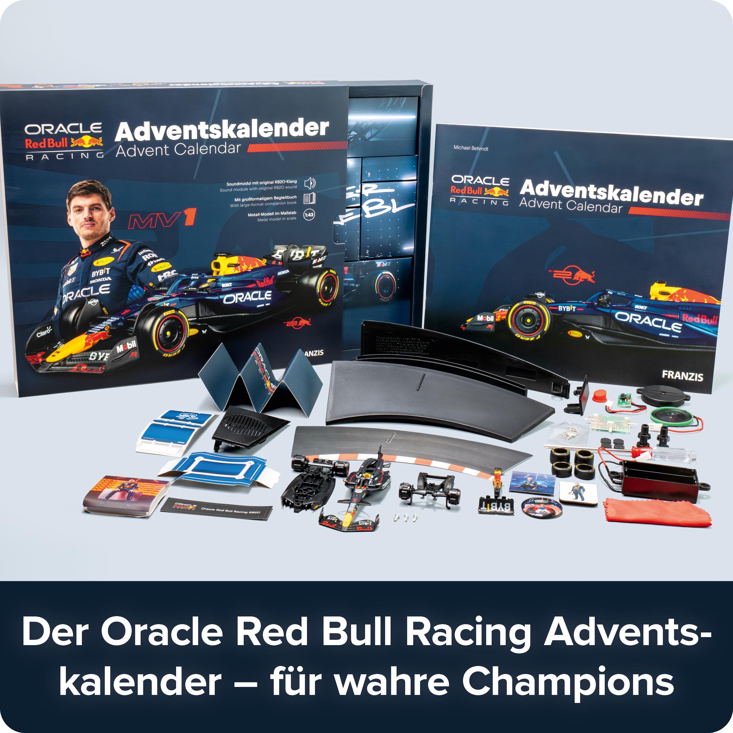 FRANZIS 67245 - Oracle Red Bull Racing Adventskalender 2025 - Modellbausatz im Maßstab 1:43, inkl. Soundmodul und 52-seitigem Begleitbuch