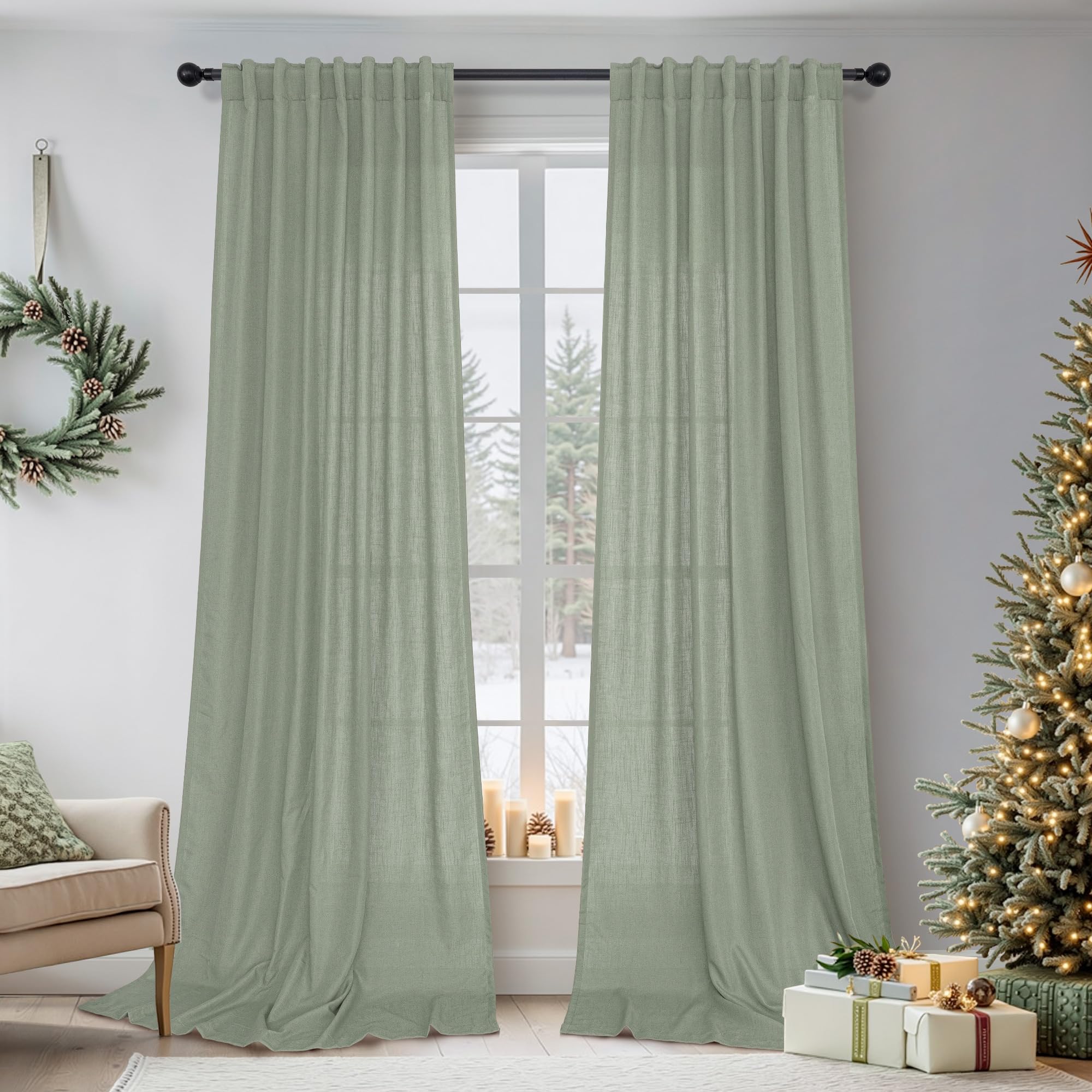 Sage Green Long Curtains 108 Inch Length for Living Room Dining 2 Panels Set Back Tab Pocket Drapes Light Filter Semi Privacy Pale Green Curtain for