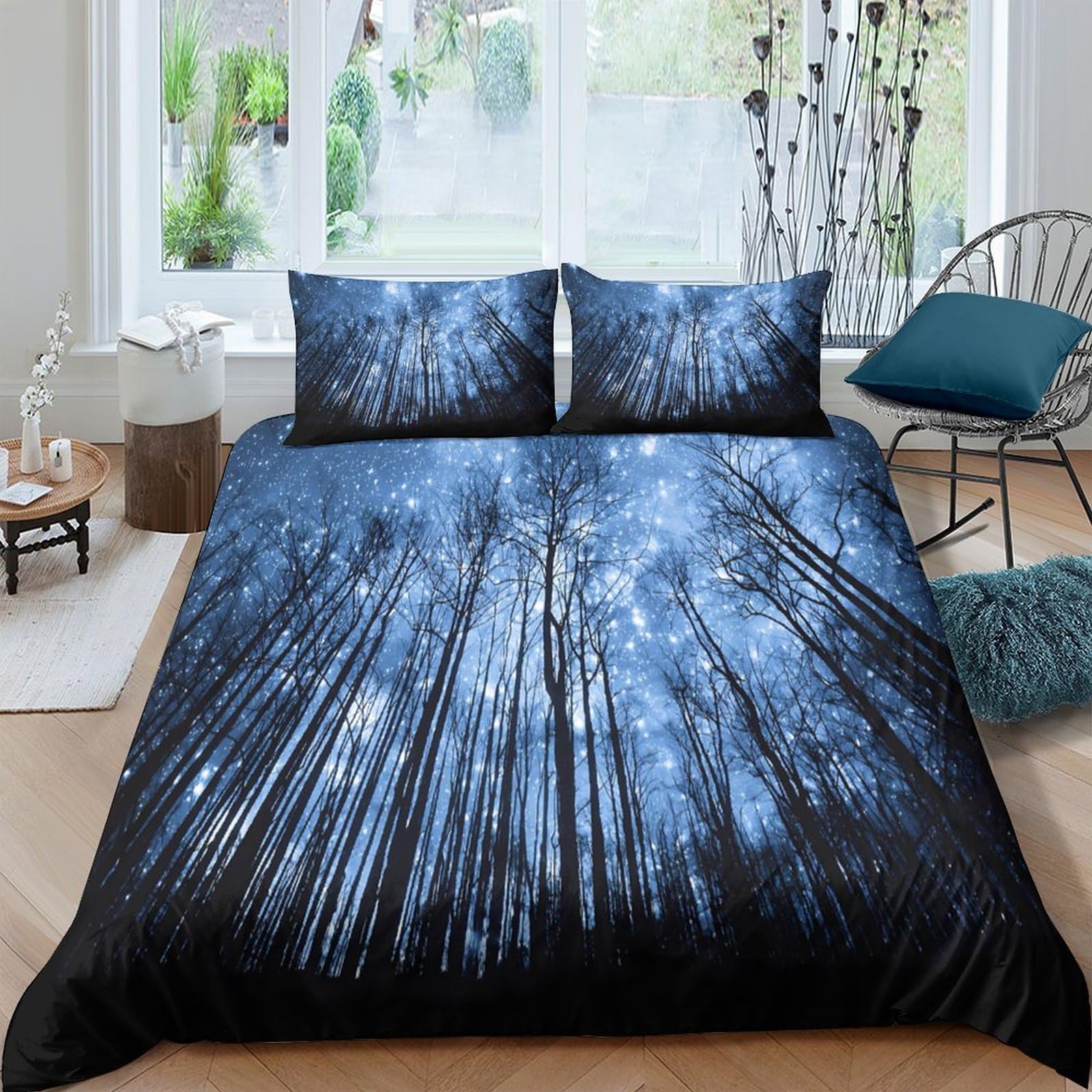 Ctjqhvkz Style-9 3D Printed Night Forest Fitted Sheet Microfiber Soft Blue Sky Tree Mattress Cover For Bedroom Dorm Easy Care Single（135X200cm）