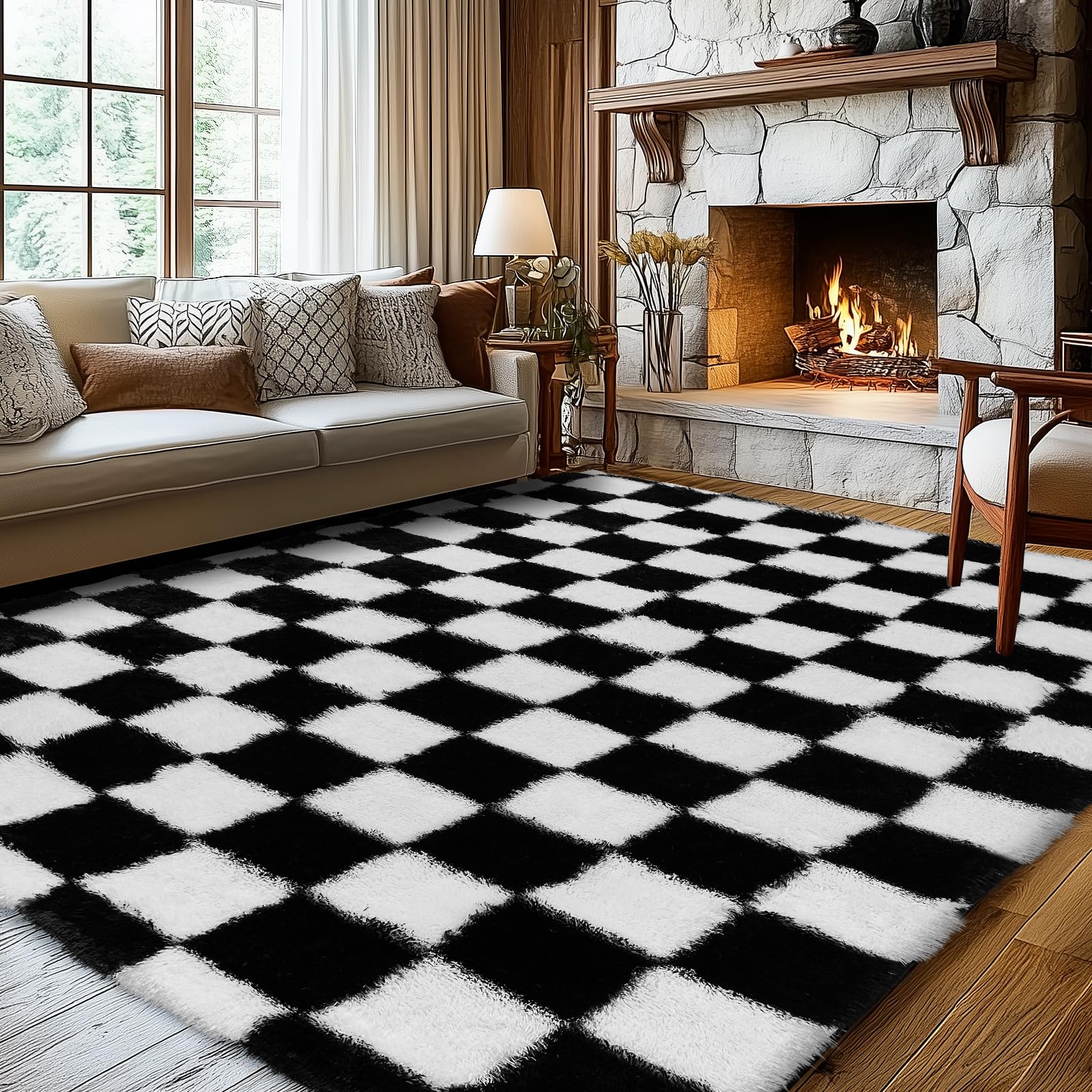 Ecoshag Soft Rugs for Living Room, 6x9 FT Black and White Checkered Fluffy Shaggy Rugs for Indoor Use, High Pile Ultra Fuzzy Rug for Bedroom Kids
