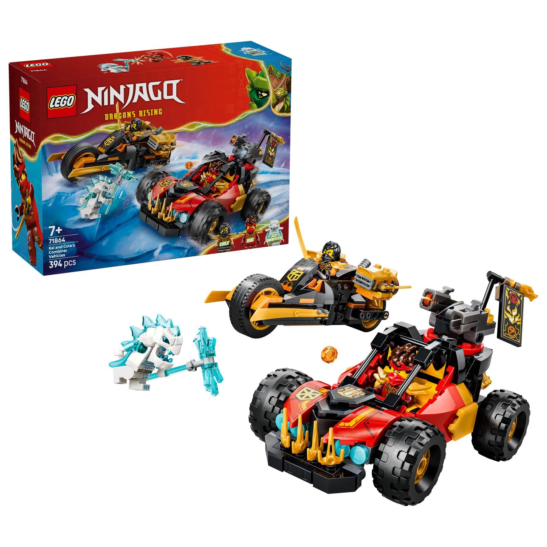 LEGO Ninjago Véhicules Combinables de Kai et Cole - Jouet Voiture de Ninja, Moto, 3 Minifigurines Dont Kai & Cole avec Katanas - Idée Cadeau pour Garçon 7 Ans ou Fan du Soulèvement des Dragons 71864