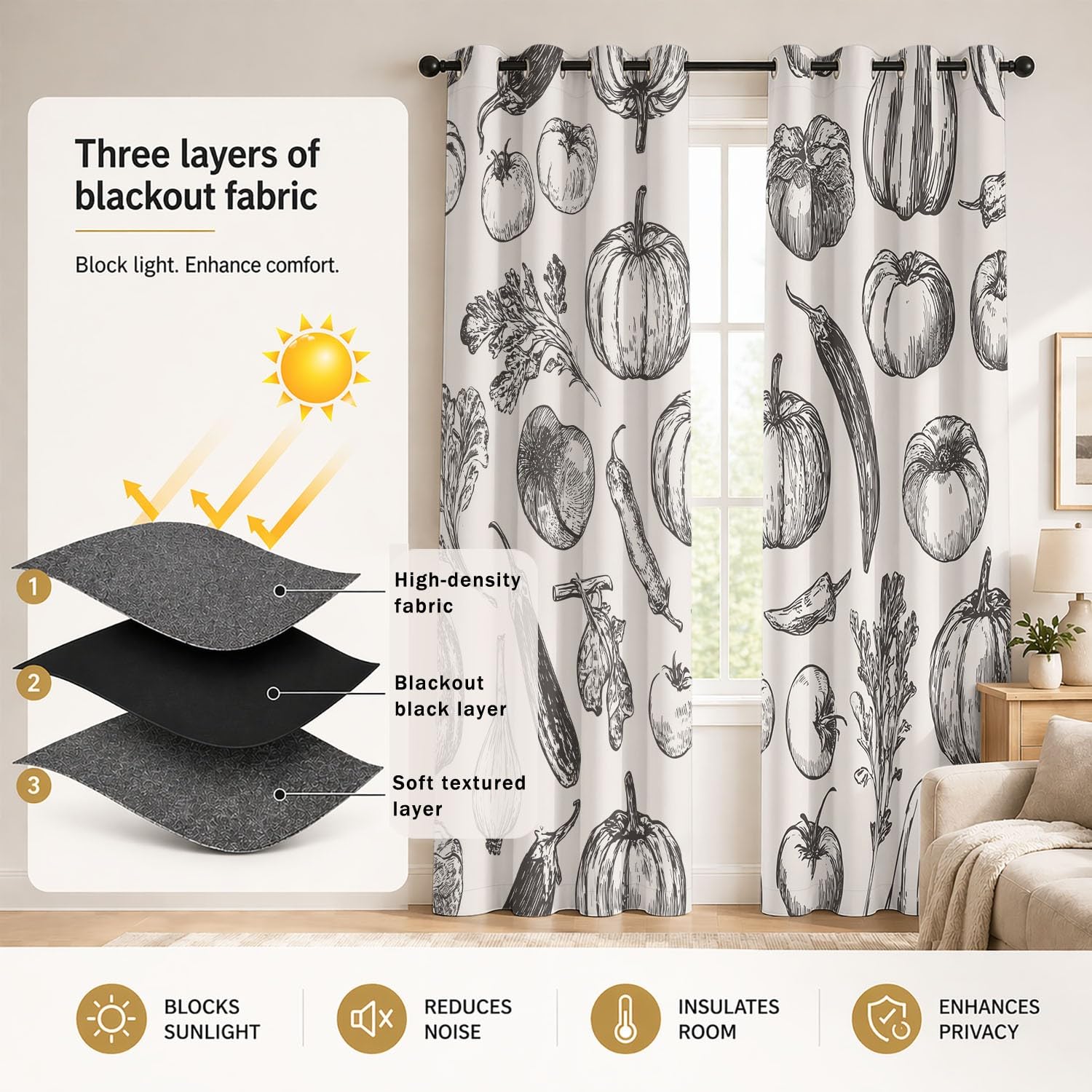 Generisch Früchte Gemüse Weiß Verdunklungsvorhänge mit Ösen Bauernhof Rustikal Blickdichte Gardinen Blackout Vorhang Thermo Weich für Schlafzimmer und Wohnzimmer 2er Set B 91.5 x H 214 cm