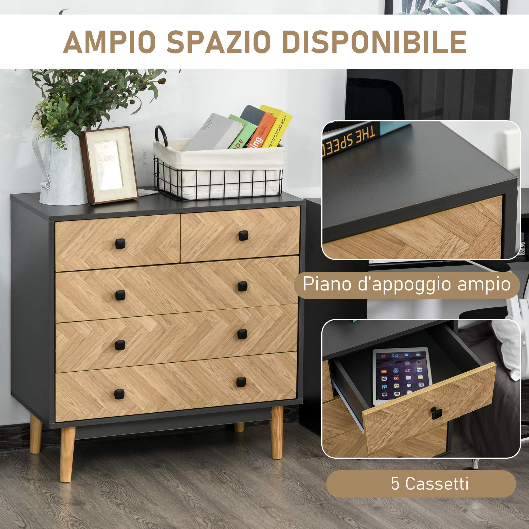 HOMCOM Cassettiera per Camera da Letto in Legno con 5 Cassetti, Stile Vintage Industriale, Grigio Scuro, 80x40x80cm