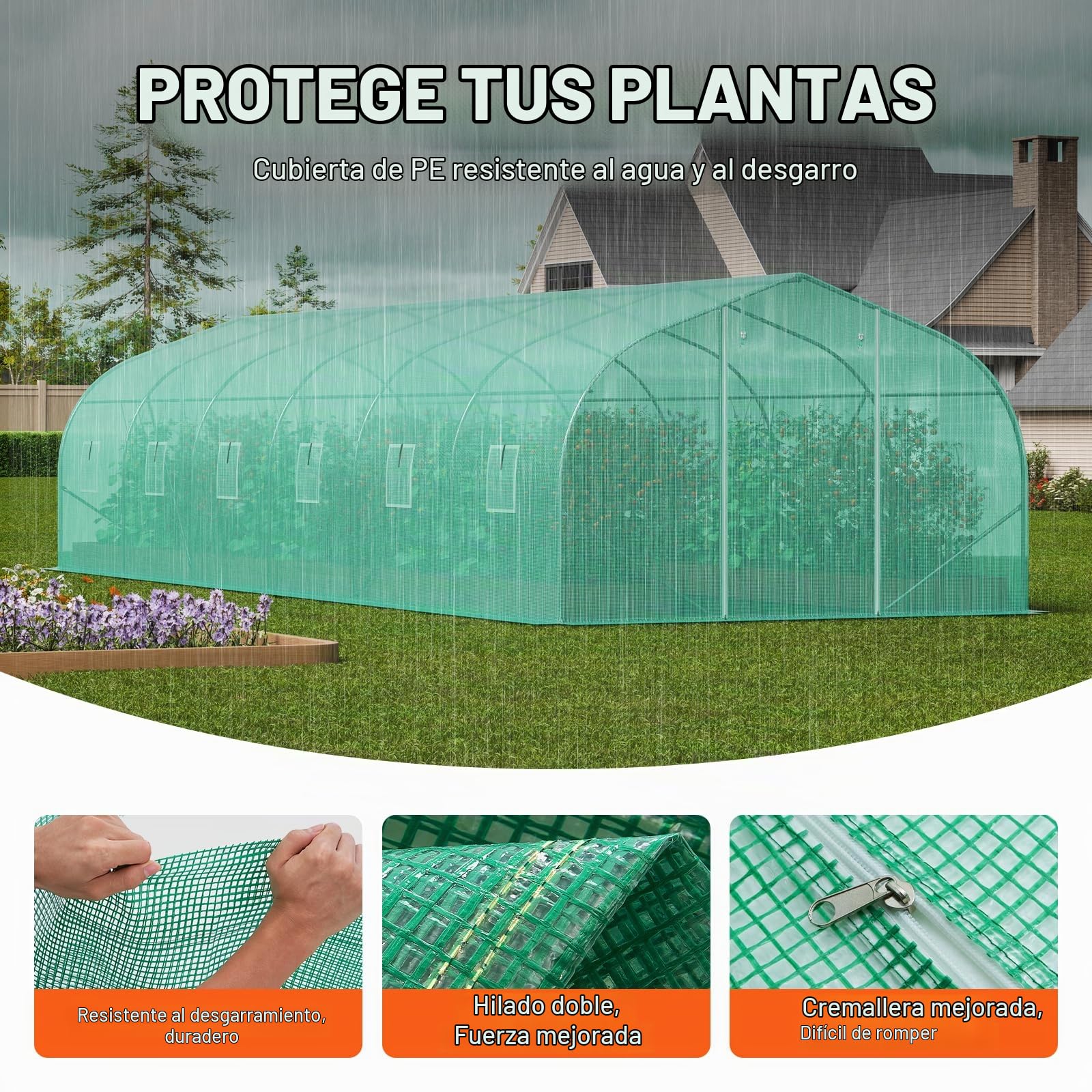 VEVOR Invernadero Túnel 900x300x200 cm Carpa Refugio para Plantas con Estructura de Acero Galvanizado Cubierta de PE Verde Puerta Enrollable con Cremallera 12 Ventanas para Cultivo de Verduras Flores