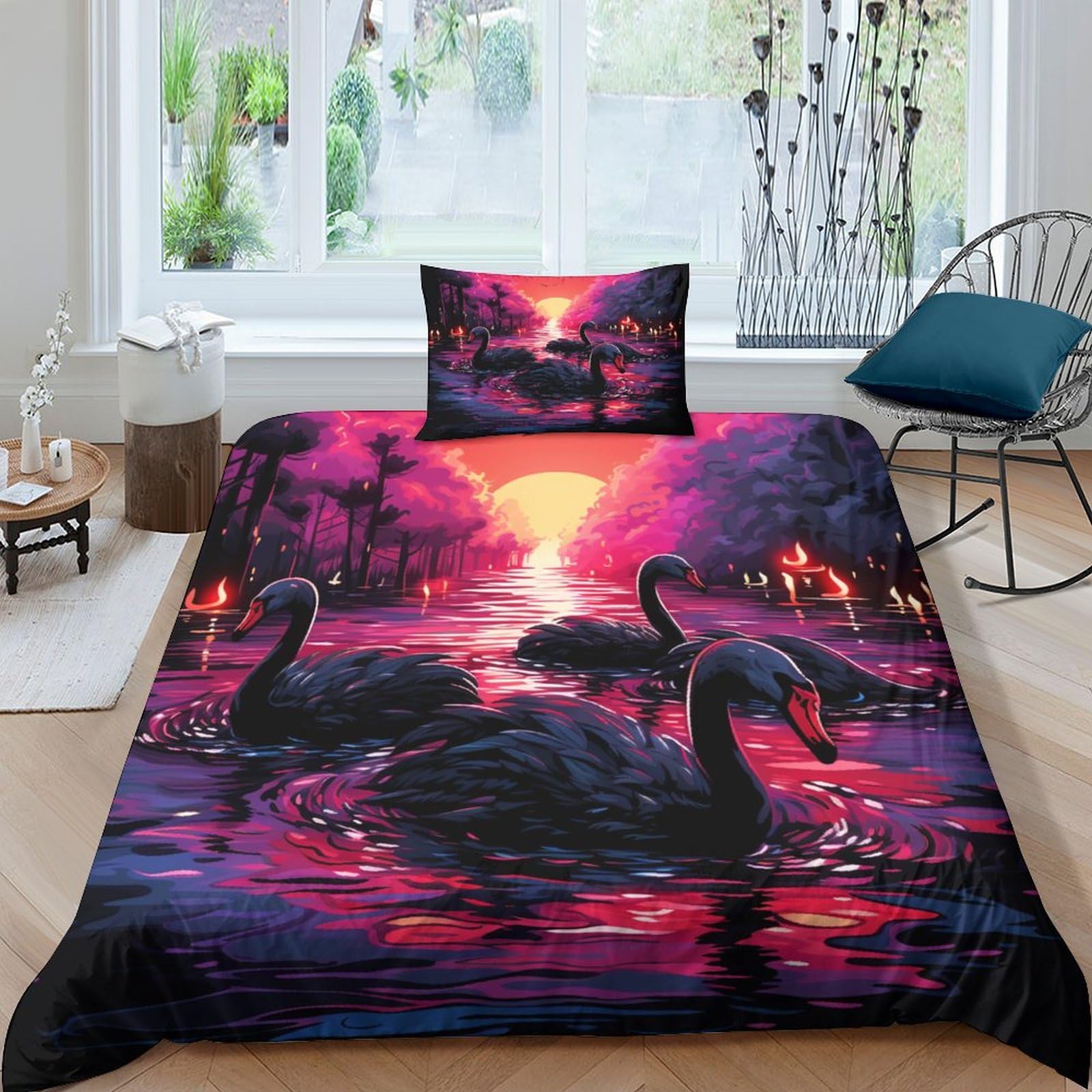 Housse de couette cygne 135x200 hypoallergénique et douce pour un entretien facile