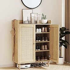 Rattan Shoe Cabinet, 5-Tier Shoe Storage Cabinet with Doors, 2 Adjustable Shelves and Heavy Duty Metal Legs, Farmhouse Shoes Organizer for Entryway Hallway Living Room, Oak