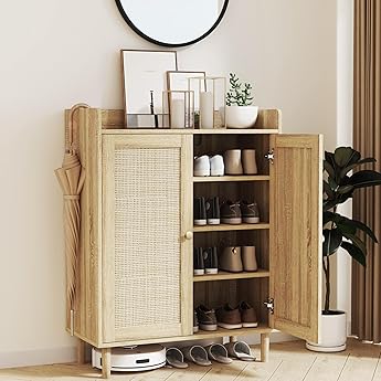 Rattan Shoe Cabinet, 5-Tier Shoe Storage Cabinet with Doors, 2 Adjustable Shelves and Heavy Duty Metal Legs, Farmhouse Shoes Organizer for Entryway Hallway Living Room, Oak