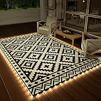 HAUSHOF 5x8 Outdoor Rug with LED Strip Lights, Waterproof Reversible Plastic Straw Patio Rug for RV Camping Beach Porch, Includes Stakes Black White