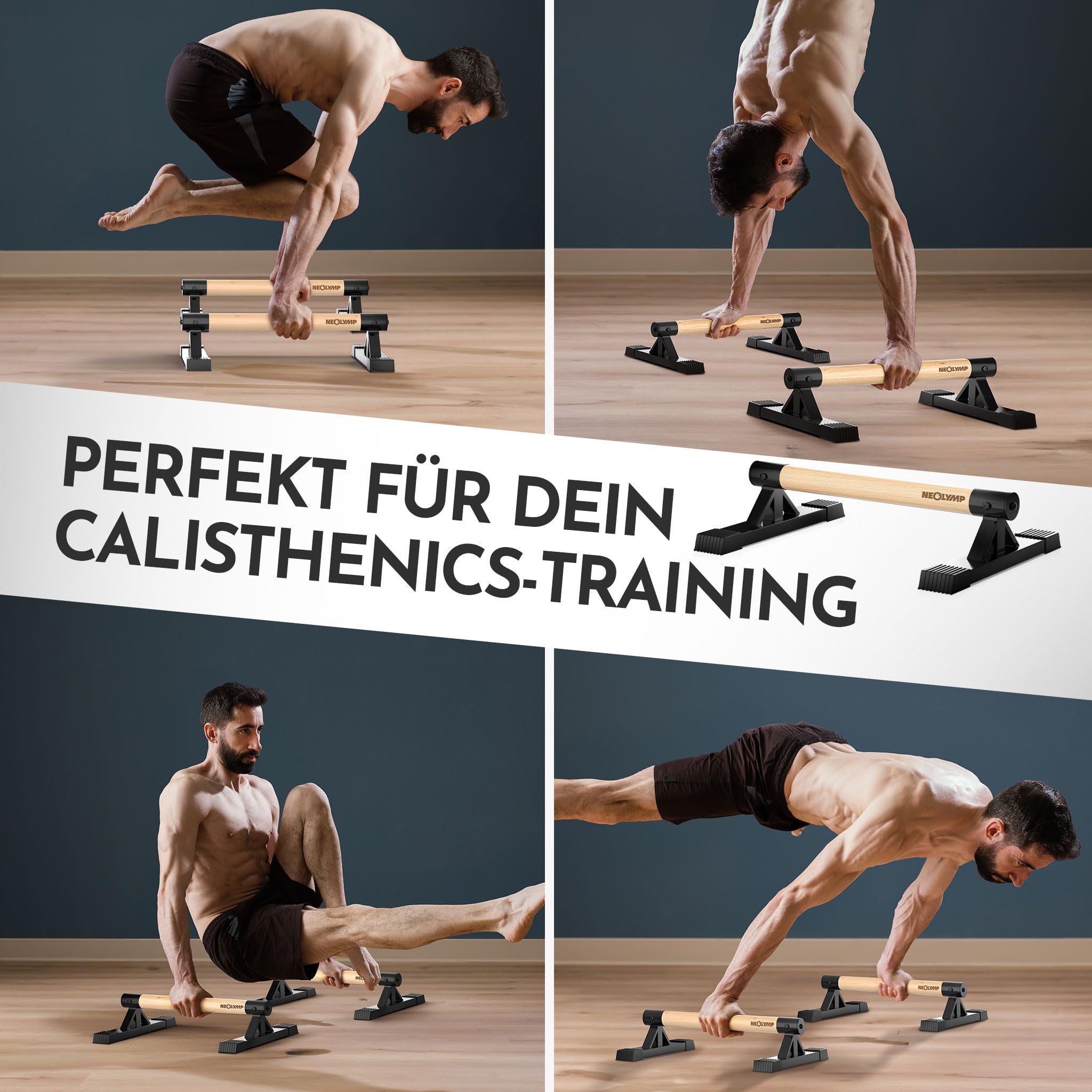 NEOLYMP 2er Set handgelenkschonende Holz Liegestützgriffe mit Calisthenics-Übungen - handgefertigten Parallettes, Push up Bar, Handstand Griffe, Dip Barren, Calisthenics-Equipment