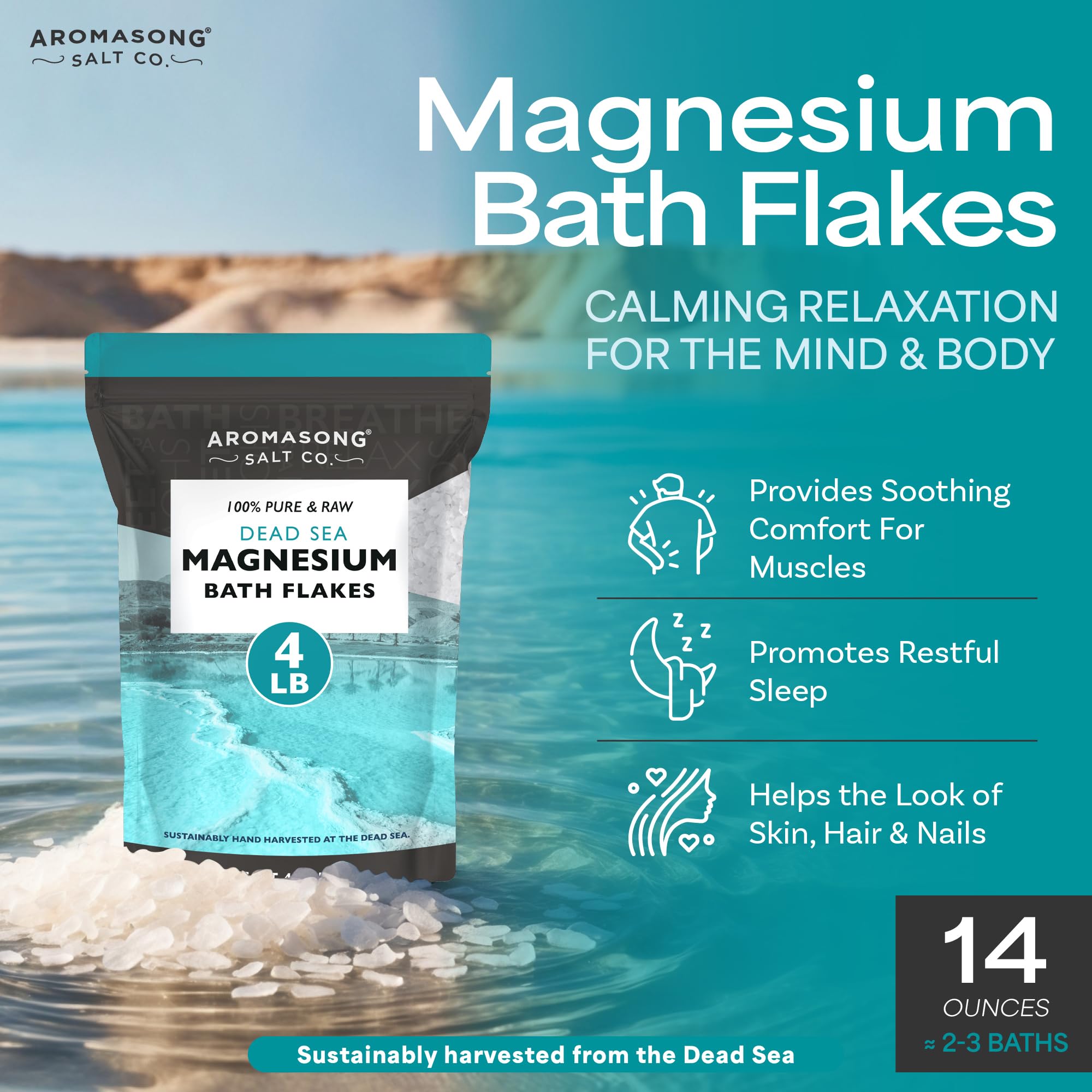 Aromasong Copos de magnesio para baño del Mar Muerto, 1,8 kg, escamas de cloruro de magnesio, sales de baño orgánicas para un baño mineral relajante (el paquete puede