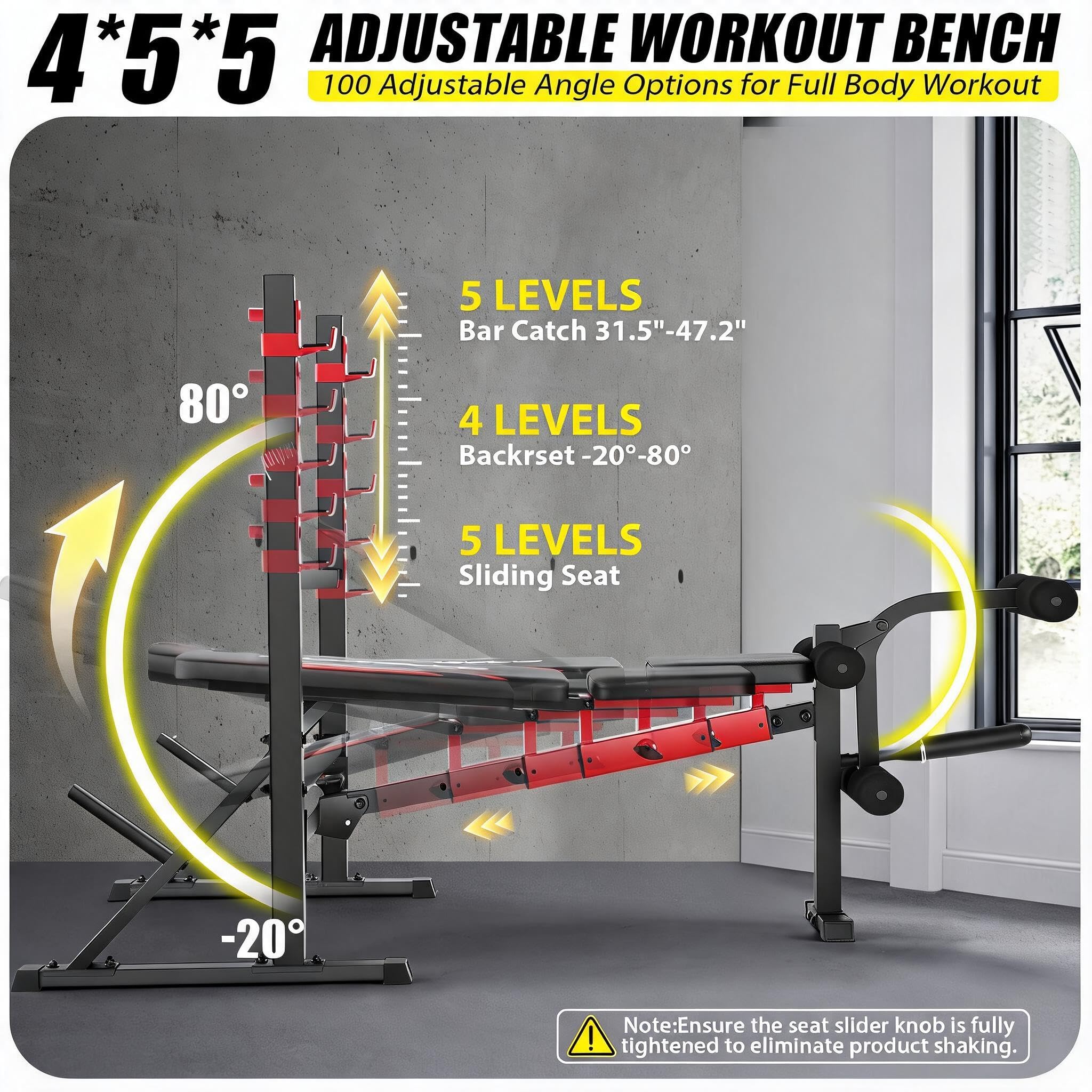 OPPSDECOR Adjustable Olympic Weight Bench with Rack & Leg Curl Sliding Seat | Fits Up to 6'4" 900LBS Heavy Duty Foldable Bench Press Set for Home Gym Flat Incline Decline Workout Bench for Tall People