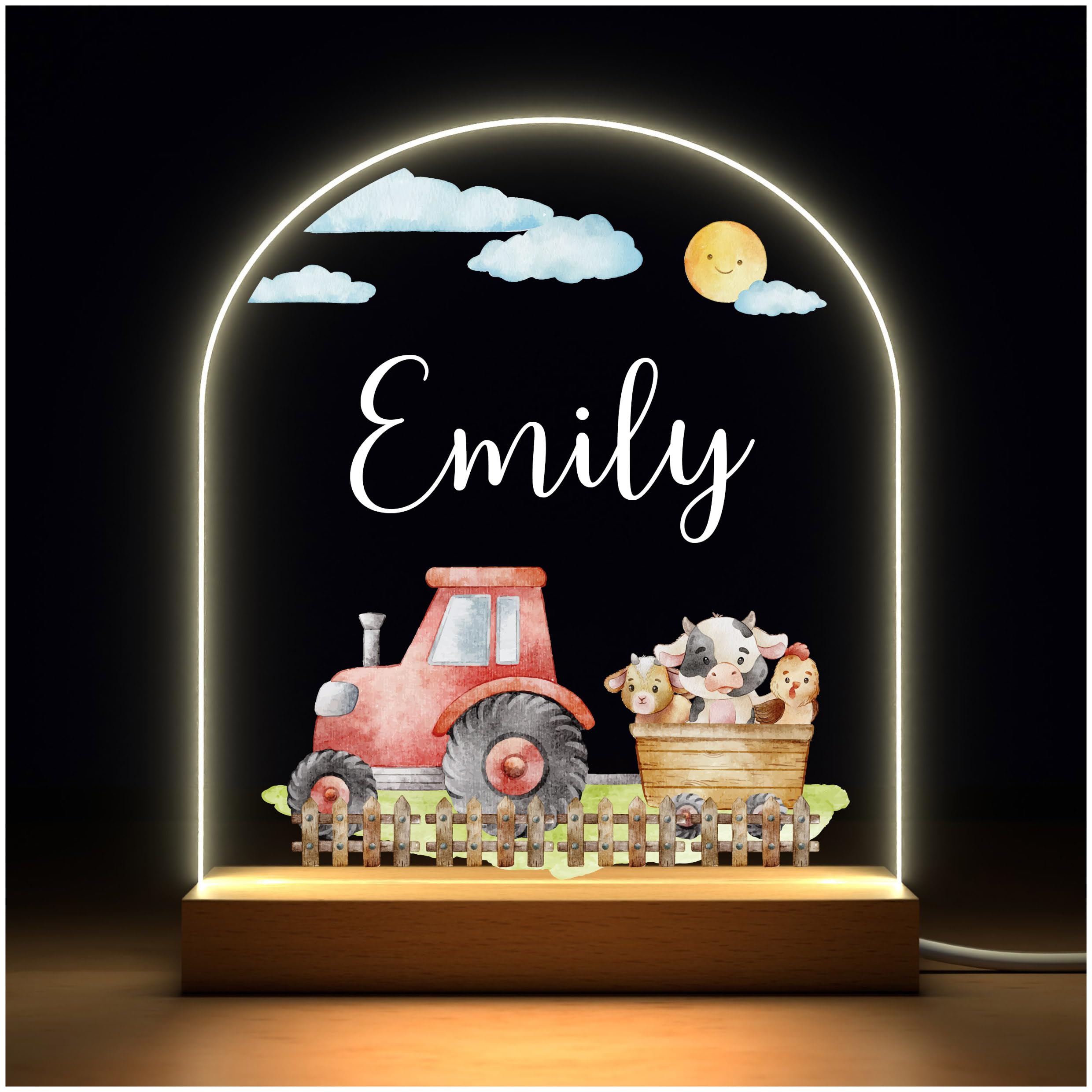 Beecreative Personalised Farm Animals and Tractor Nursery Night Light - Custom LED Bedroom Sleep Lamp Gifts With Any Childs Name