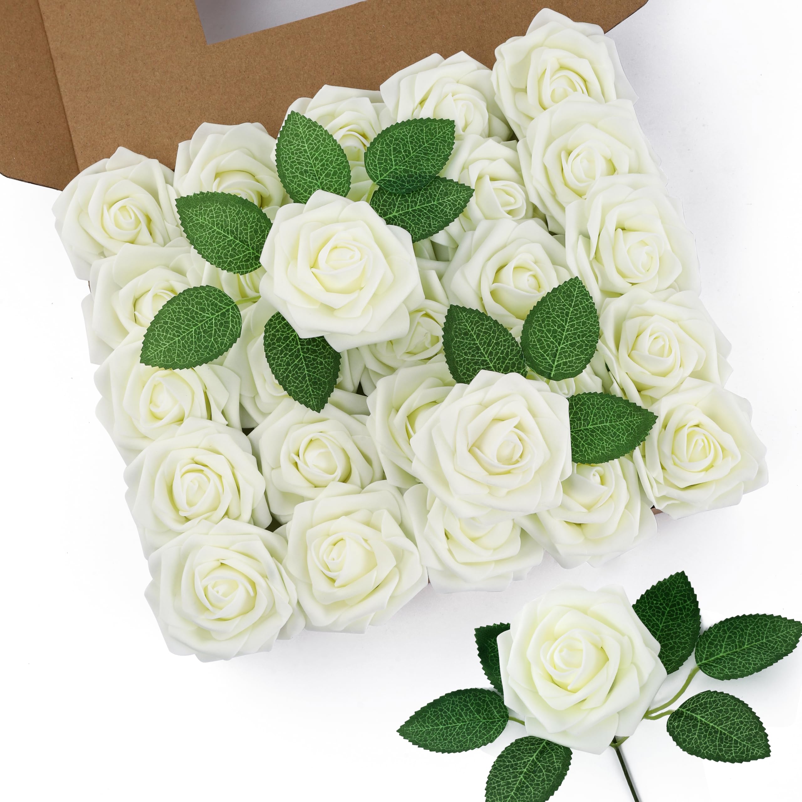 DuHouse 50Pcs Artificial Roses Flowers Fake Roses with Stems Real Touch Foam Flowers for DIY Wedding Bouquet Party Centerpiece Floral Arrangement Party Home Decor(Ivory White) — image 1
