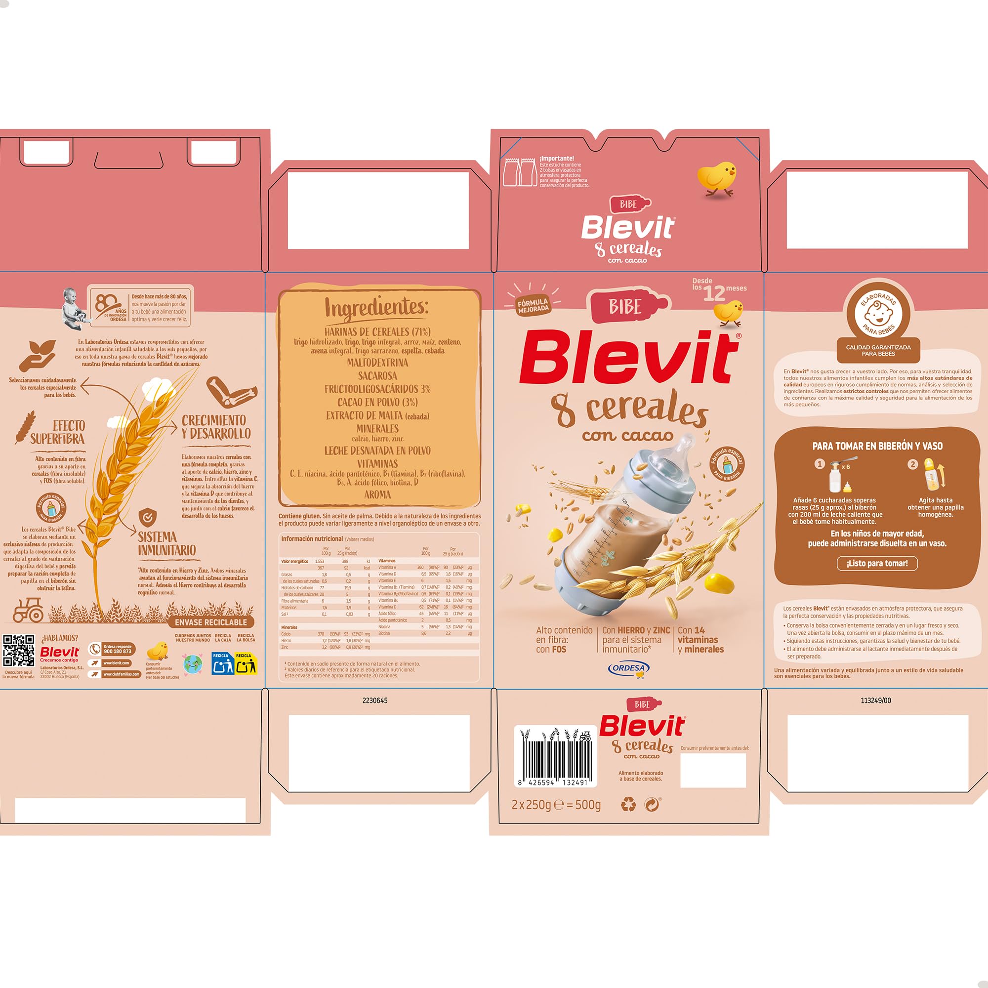 Blevit Bibe 8 Cereales con Cacao 500g Papilla para Bebé 12 meses 14 Vitaminas y Minerales