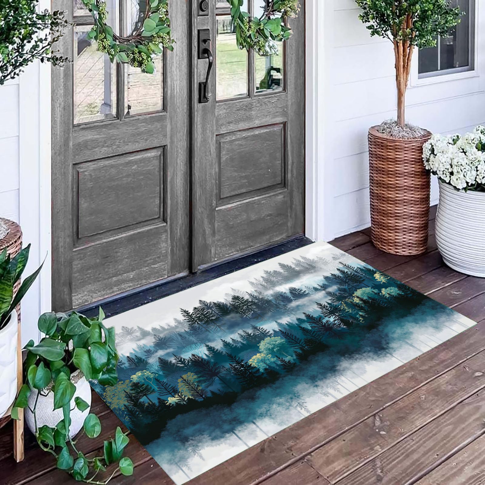 Fußmatte Schmutzfangmatte Innen mit Weißer Nebliger Tannenwald, rutschfeste waschbare Fußmatte, Ruhiger Wald Eingangstürmatte mit wasserabsorbierenden Eigenschaften - 80x120cm