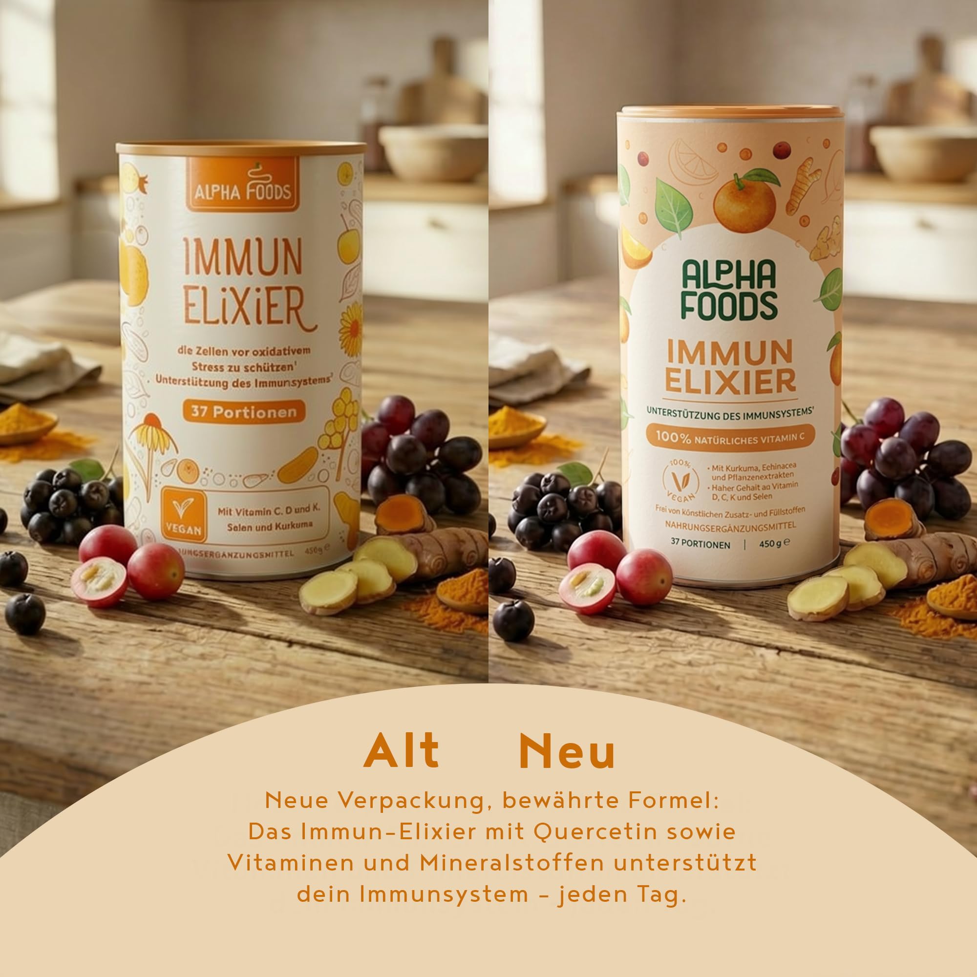 Immun-Elixier | 450g | Immunsystem Stärken | mit Vitamin C, D & K2 pulver, Quercetin, Acerola, Kurkuma, Hagebutten, Selen, Zink, Camu, Echinacea & NAC zur Unterstützung des Immunsystems | Alpha Foods