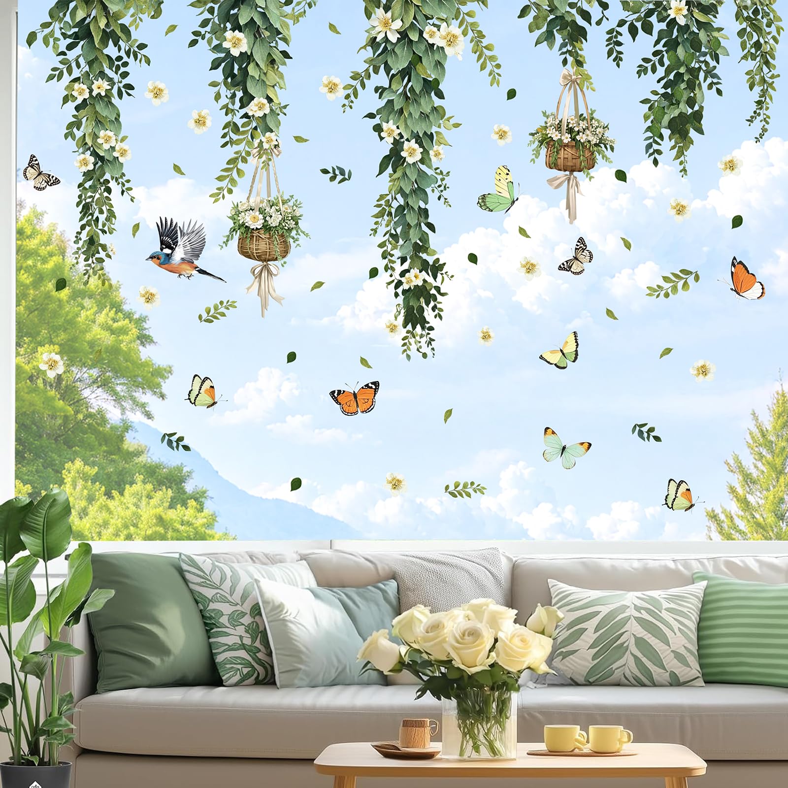 KAIRNE Spring Hanging Vine Window Stickers Green Plants Leaves Glass Sticker Birds Butterflies Window Clings for Living Room Bedroom Sofa TV Background Office Anti Collision Decals for Home โ image 1