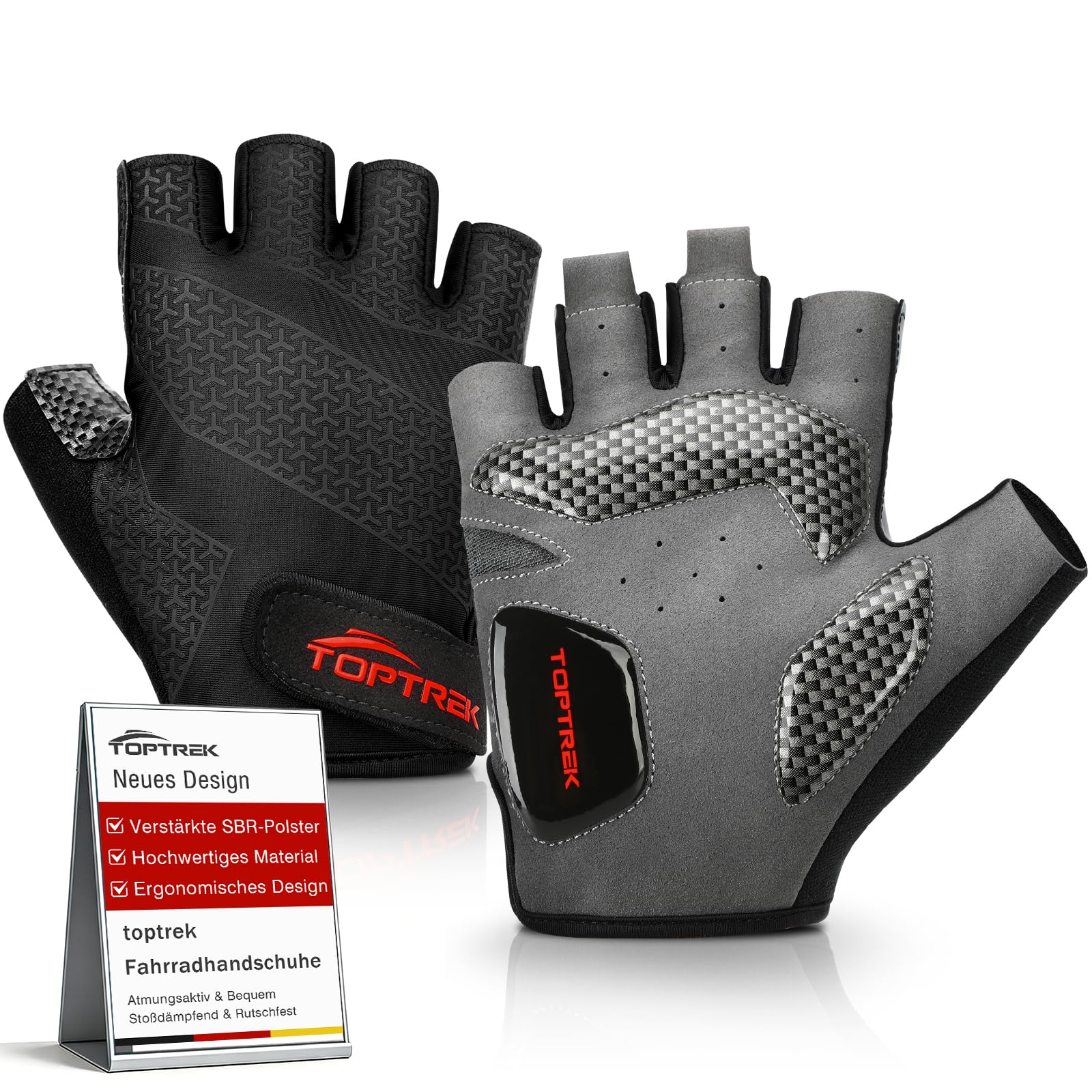 toptrek Fahrradhandschuhe Herren Damen, MTB Handschuhe 6mm SBR-Polstern, Atmungsaktives Halbfinger Fahrrad Handschuhe Sommer, rutschfeste & Stoßdämpfende Radhandschuhe für Rennrad/MTB/Fitness