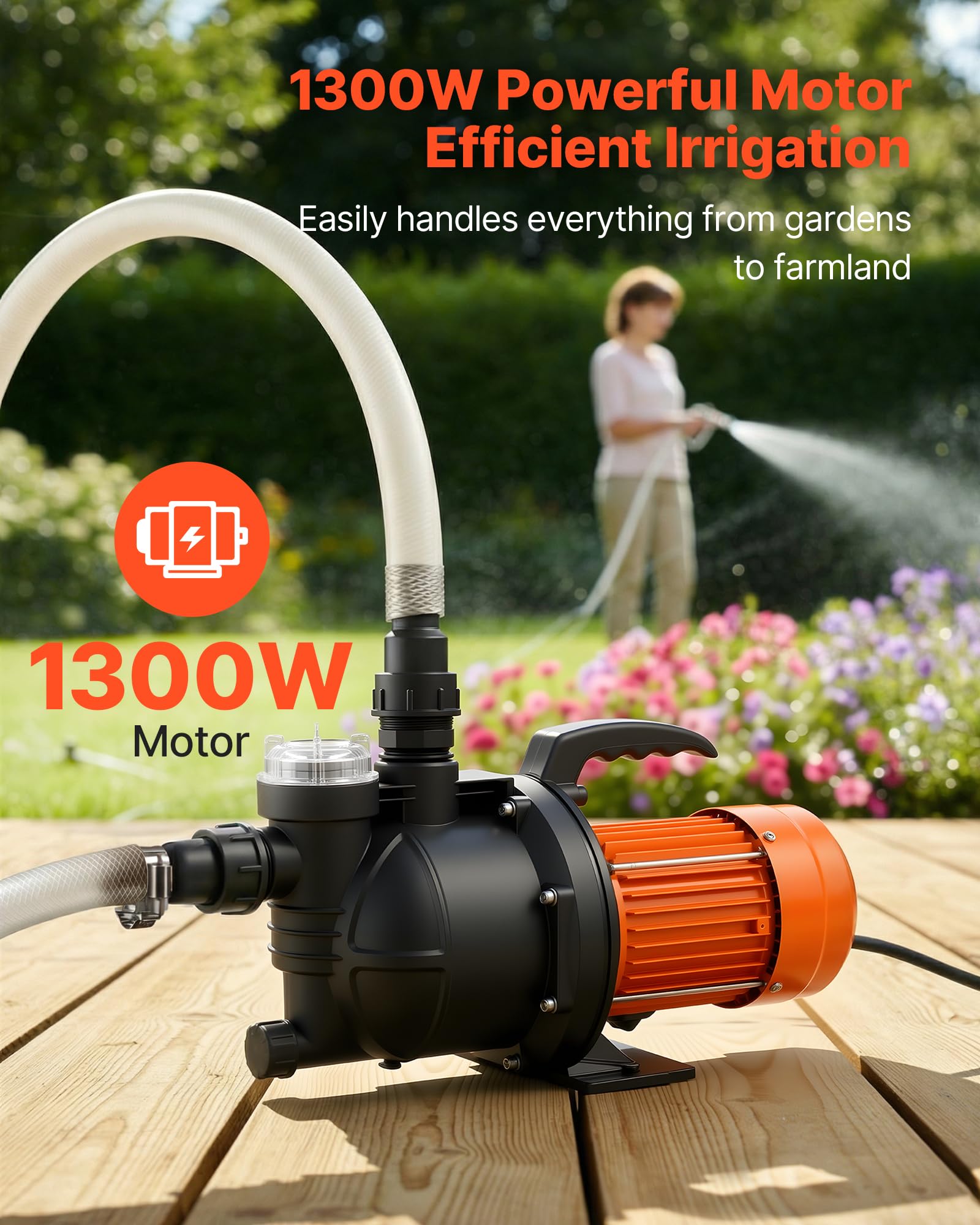 VEVOR Bomba de Chorro de PP para Pozos Poco Profundos 1300 W 230 V, Caudal Máximo de 4800 L/h, Altura de Succión de 8 m, Protección Térmica, Voltaje Estándar Europeo, para Riego de Jardines, Césped