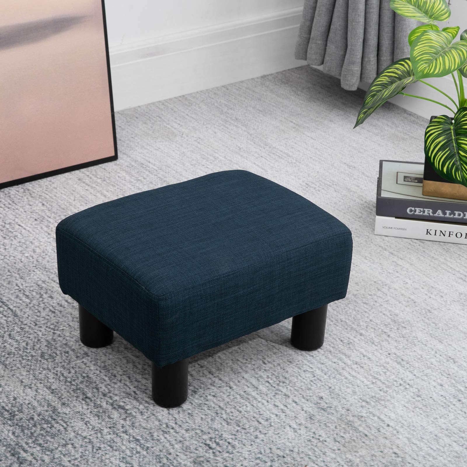HOMCOM Ottoman Foot Rest, Small Foot Stool with Linen Fabric Upholstery and Plastic Legs, Cube Ottoman for Living Room, Blue