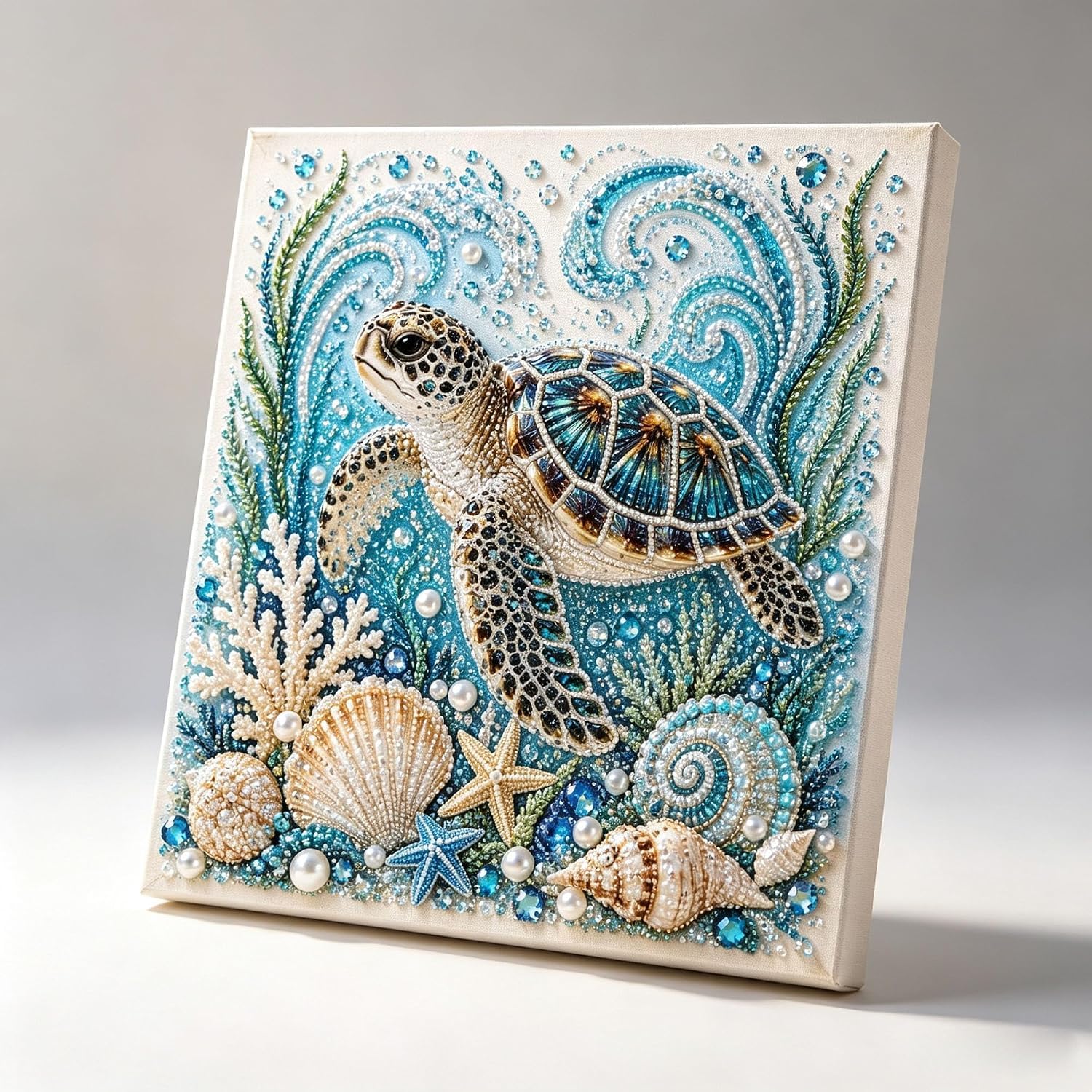 Ocean Theme Pearl Art DIY Kit,3D Sparkling Coastal Wall Decor with Blue Octopus, Seashells, Starfish & Rhinestone Accents, Relaxing Craft for Adults,Beach Lovers， Sea Turtle