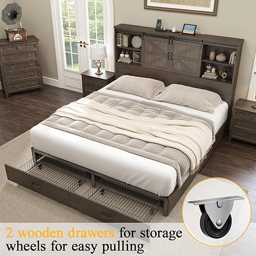 Miniatura 10 de HOWE Marco de cama de plataforma de madera de tamaño matrimonial con cabecera de estantería de 51.2 pulgadas, cama de almacenamiento con puerta