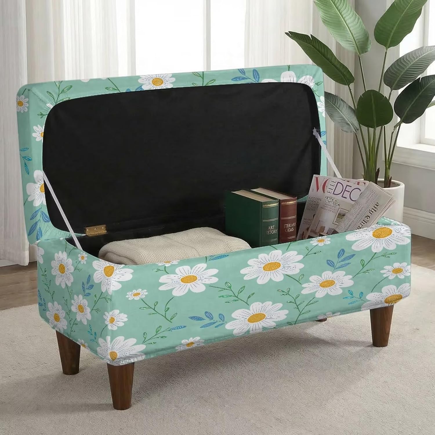 Green Daisy Flower Pattern Ottoman Chair Cover Ottoman Chair Slipcovers Patterned Rectangle Storage Stool Cover Stretch Footstool Footrest Sofa Slipcovers with Elastic Bottom, L