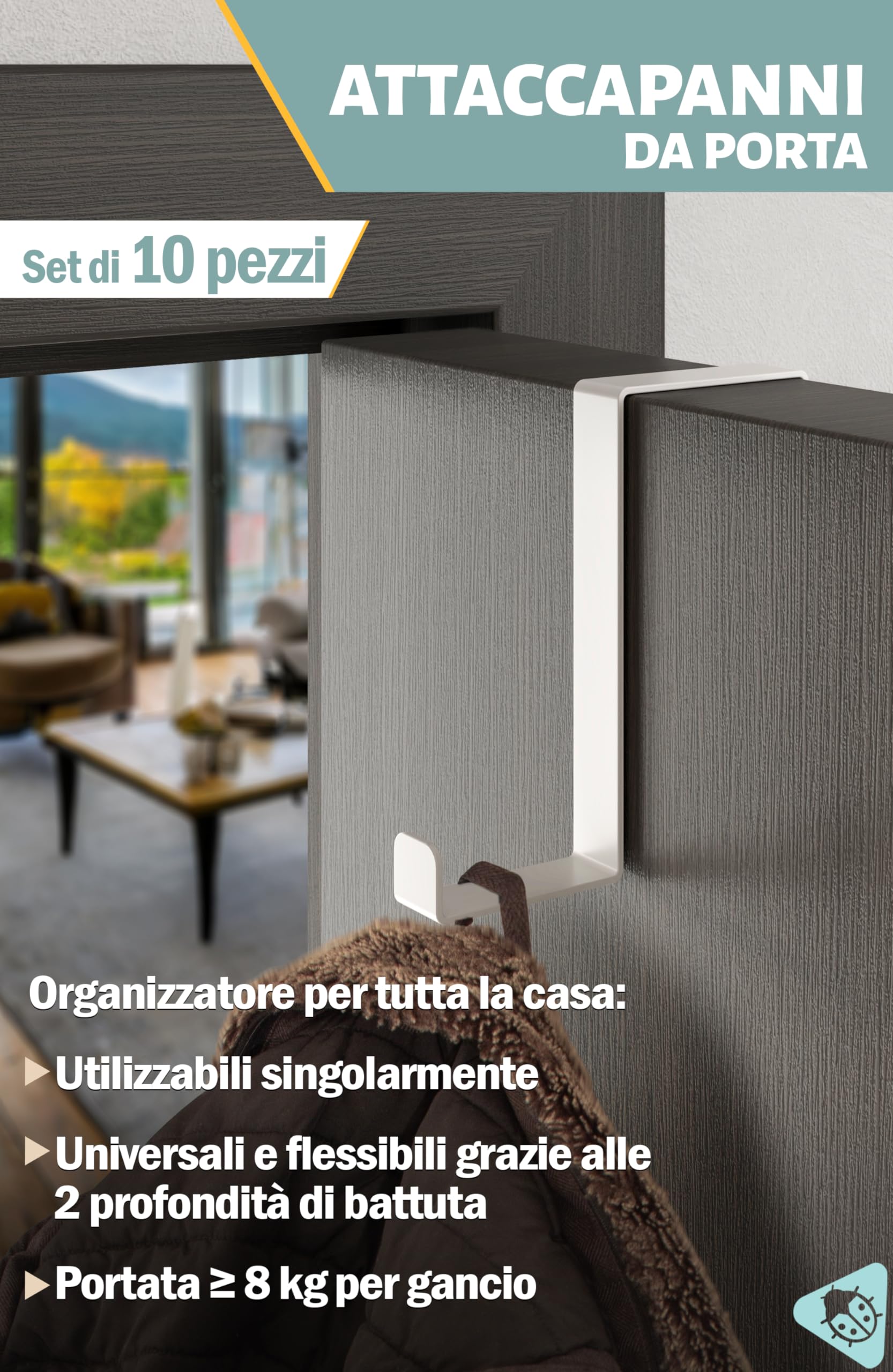 Menz attaccapanni da porta - 10 pezzi, bianco - ganci porta 4,1 cm e 4,6 cm, ganci appendiabiti resistenti, appendi abiti per porte, ideale per ogni ambiente