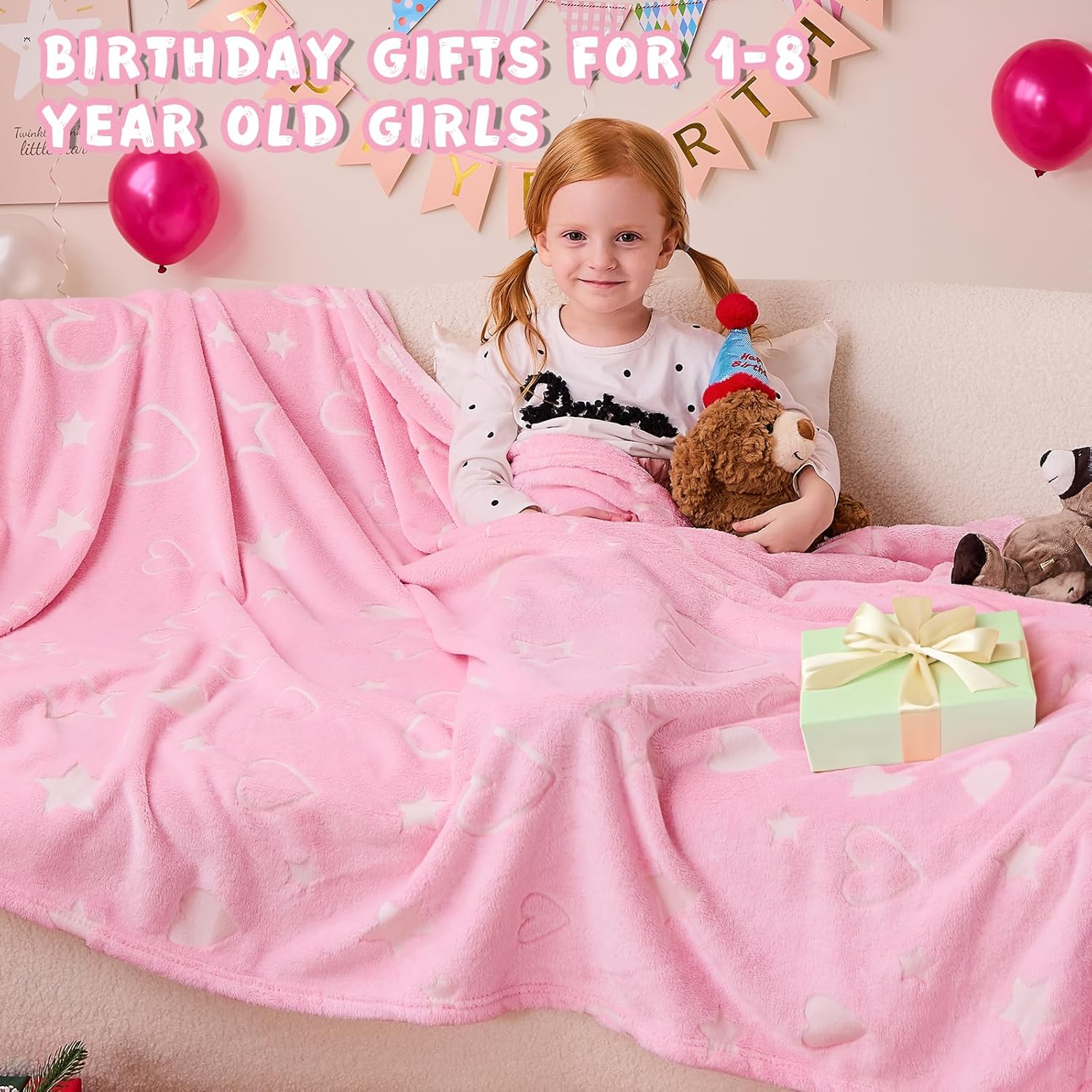 inhand Birthday Gifts Toys for Girl Pink Heart Glow in The Dark Blanket Personalized Throw Blanket Cute Kids Blanket Soft Fleece Throw Blanket Valentines Day Gifts for Kids(30x40 Pink Heart) - Image 6