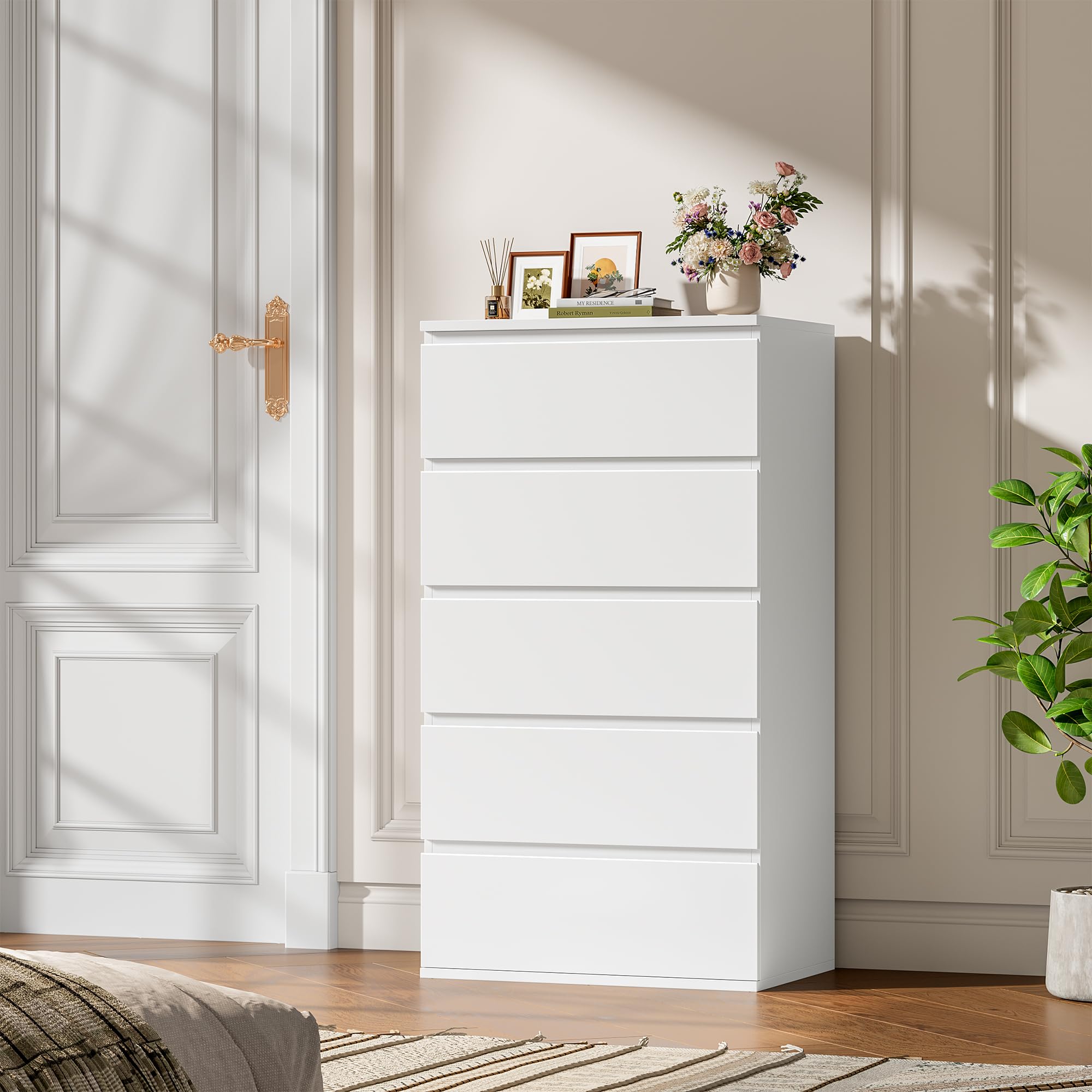 FOREHILL 100cm Cómoda Dormitorio con 5 Cajones, Sinfonier Alto | Cajonera de Almacenaje, Cómoda Blanca para Dormitorio, Cajonera de Almacenaje de Madera para Oficina Habitación 55×33×100cm