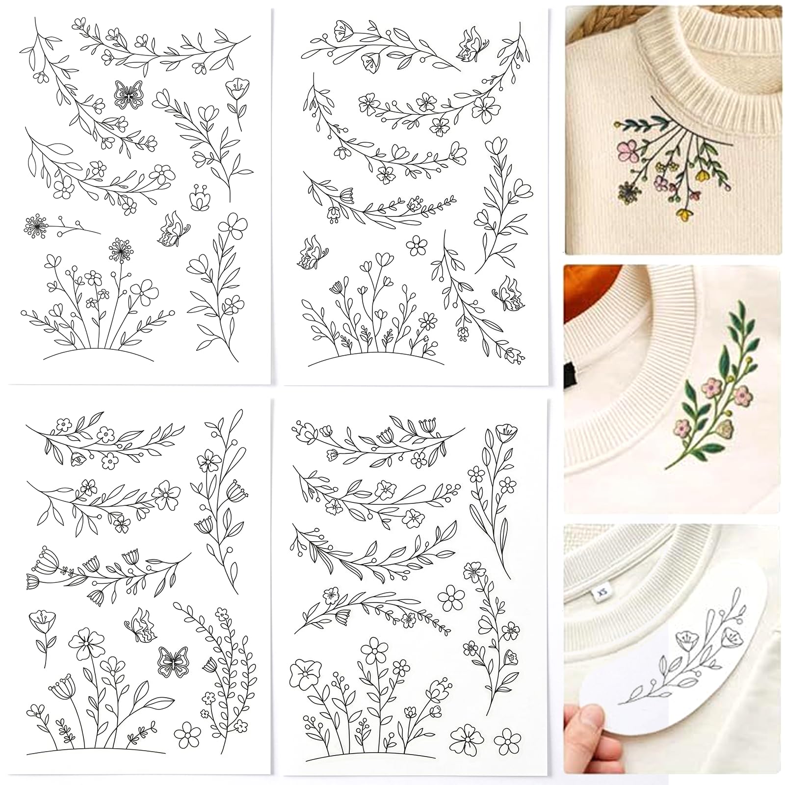 Water Soluble Embroidery Paper Stabilizer, 4 Sheets Stick and Stitch Embroidery Patterns with Pre-Printed Flower and Leaves Designs, Wash Away Transfer Paper for Hand Sewing Beginners