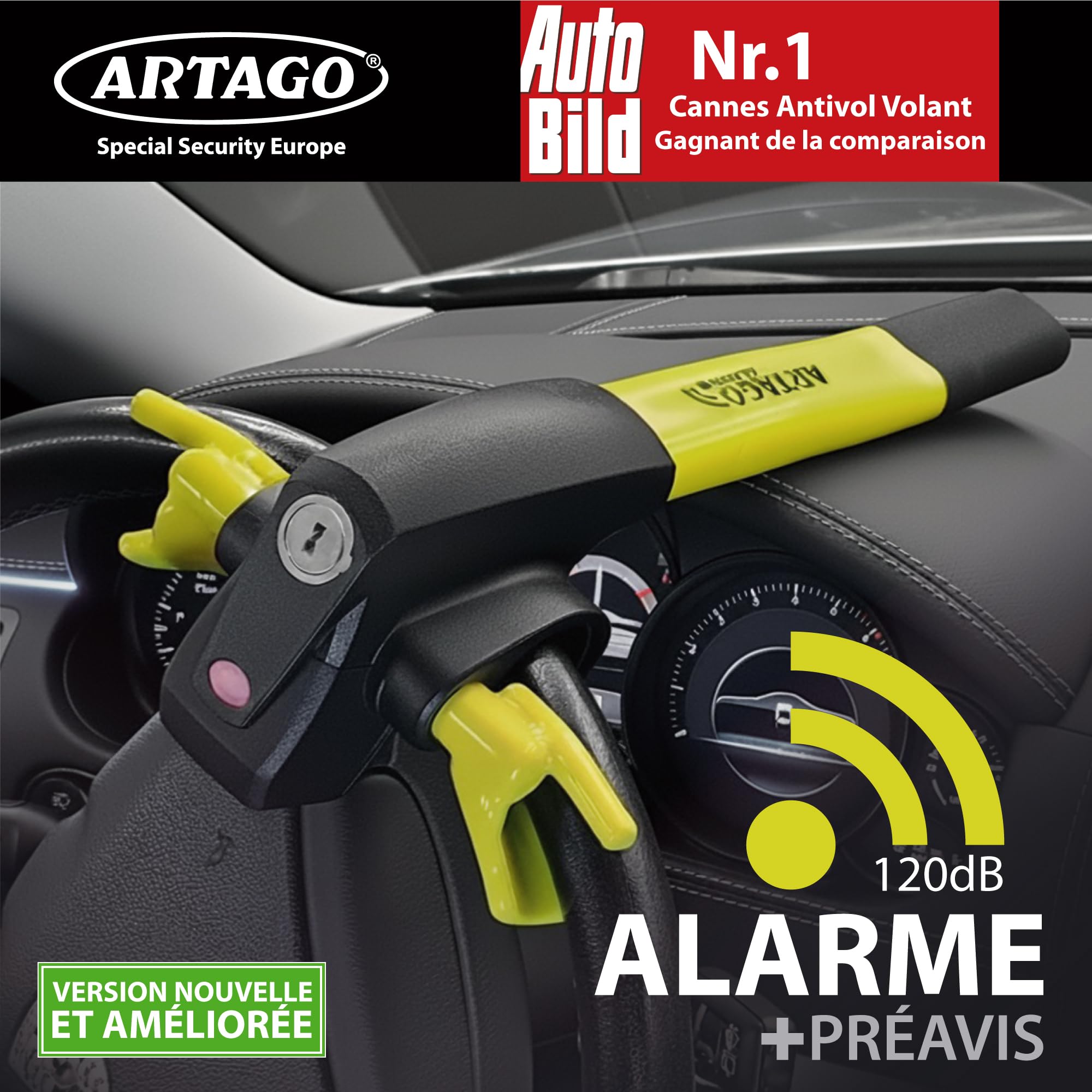 ARTAGO 870 Antivol Voiture Haut de Gamme, Canne Antivol Voiture 2en1 | Alarme Intelligente, 120dB, LED Nuit, Warning Dissuasif | Bloque Volant Plus Sûr Autour d'un Rayon, Meilleure Barre Bloc Auto SUV