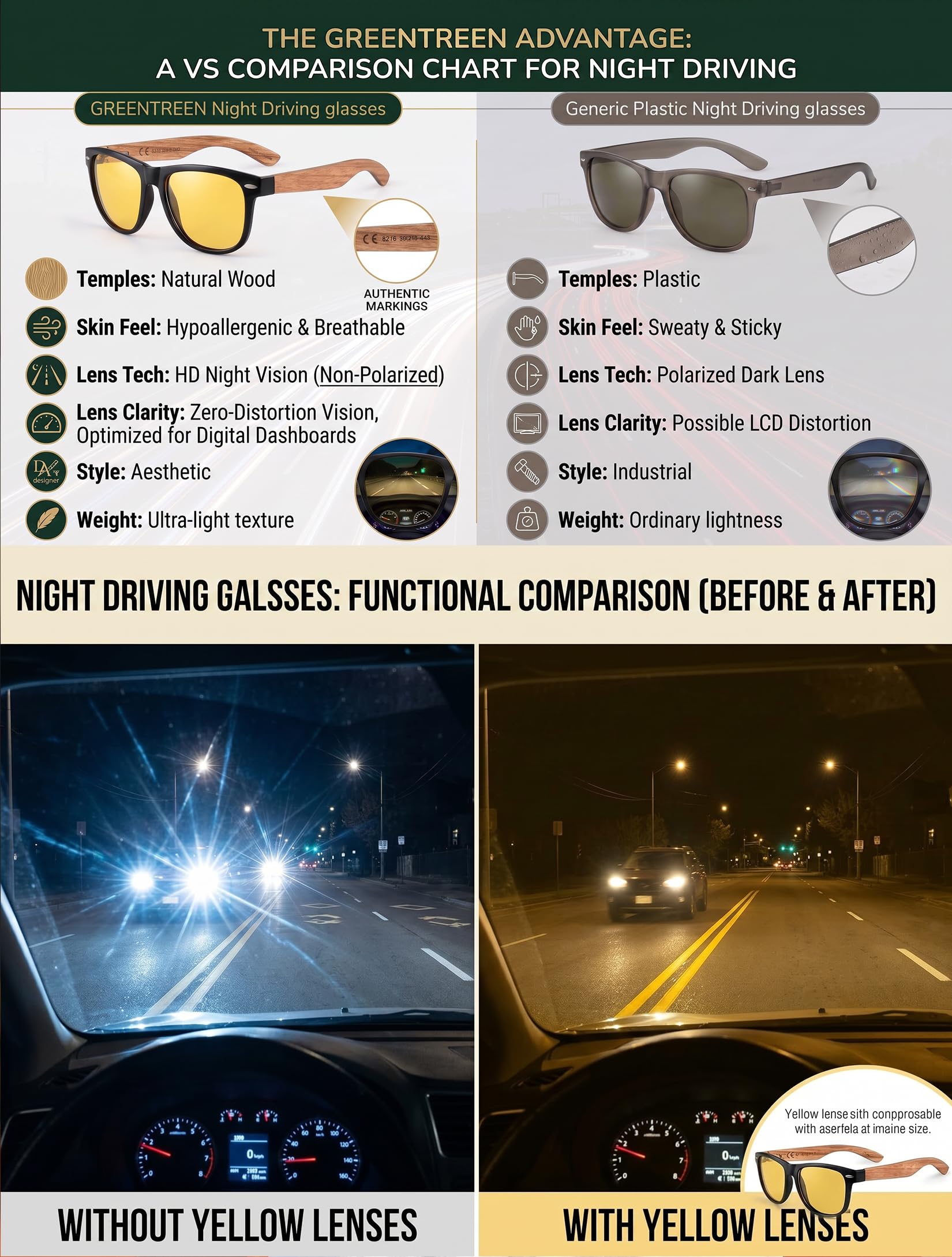 Lunettes en Bois Homme Femmes: Protection UV400, Conduite | Réduit l'Éblouissement des Phares pour Pluie Brouillard - Verres Jaunes - Non Polarisées