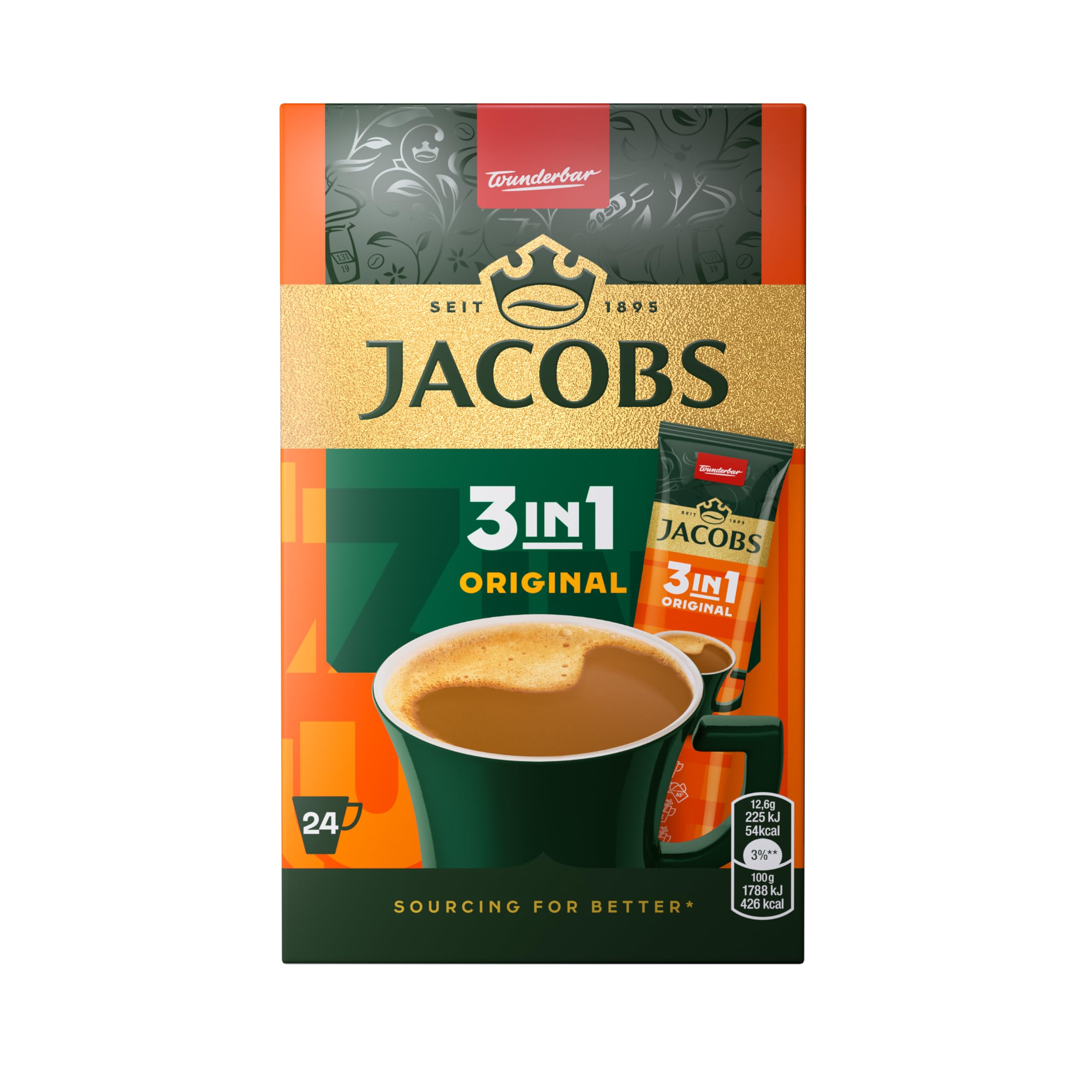 Jacobs 3-w-1 Saszetki z kawą instant – 6 opakowań po 6 x 24 saszetki, 302,4 g – Łącznie 144 saszetki.
