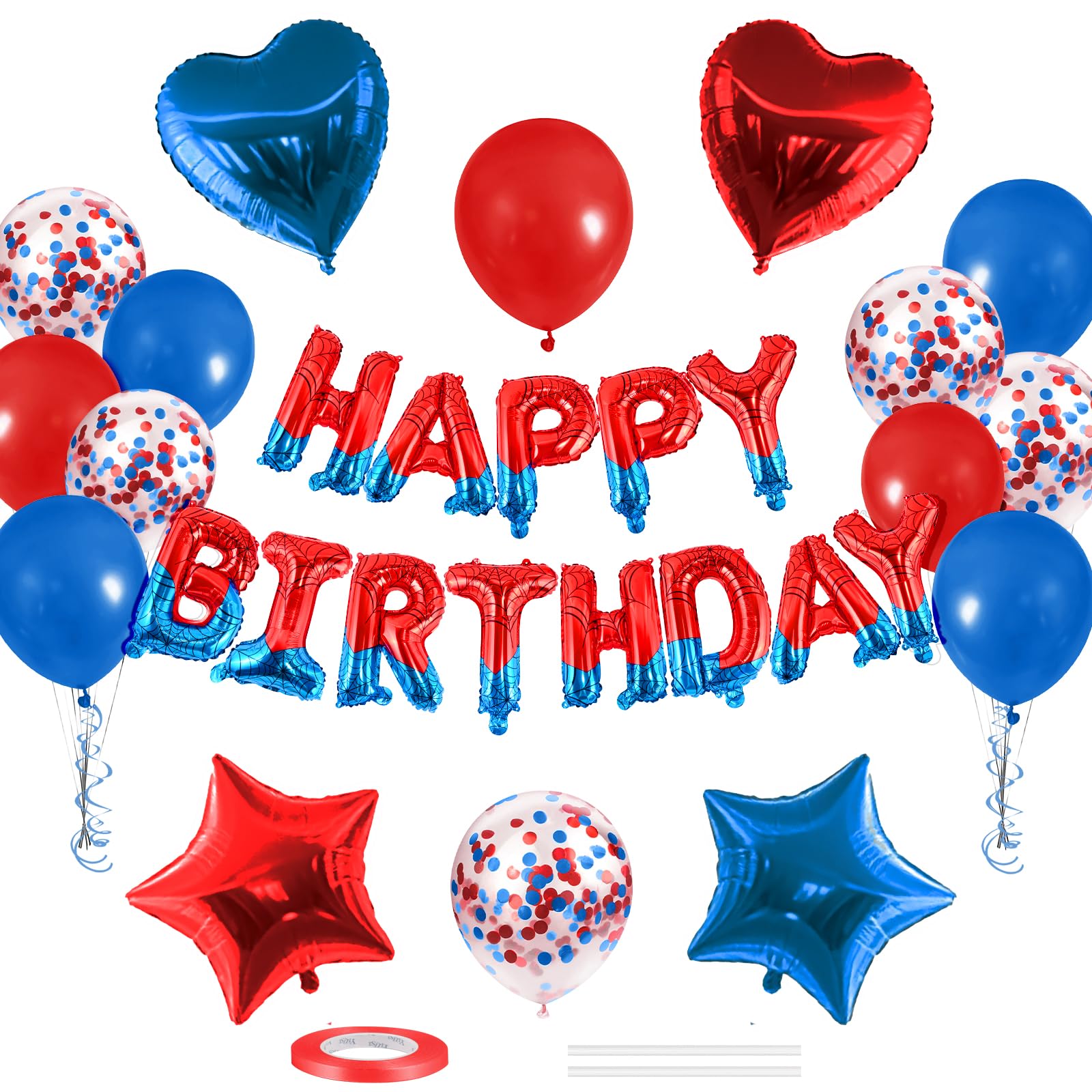 CANREVEL Happy Birthday Banner 16 Inch Mylar Foil Letters with Star & Heart Balloons Spider Theme Birthday Party Decorations for Kids and Adults - 30 Pcs Red & Blue