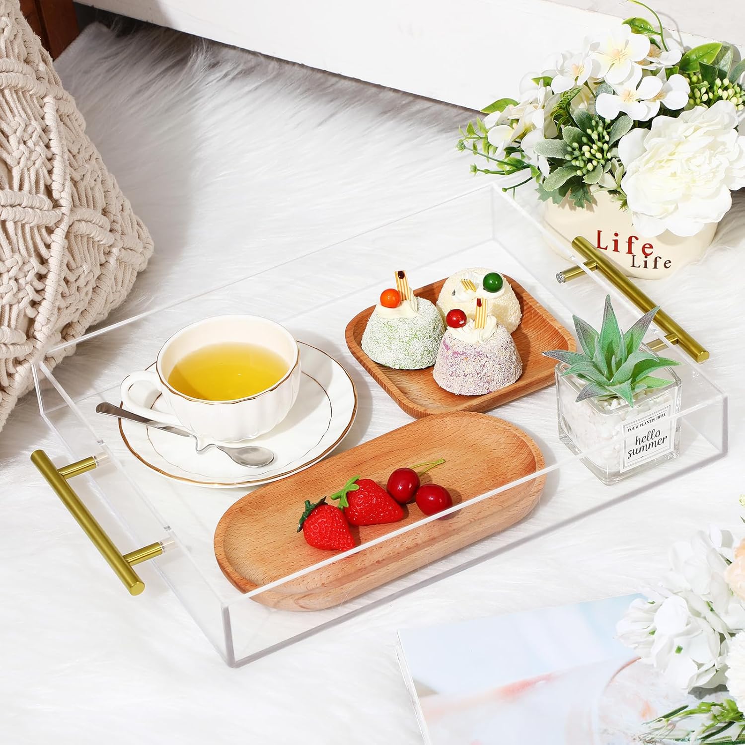 meekoo 3 Pcs Tray with Handles Acrylic Serving Tray Spill Proof Acrylic Bathroom Decorative Organizer for Coffee Table Countertop Appetizer 12x16 11x14 10x10 Inch(Clear with Gold Handle) - Image 3