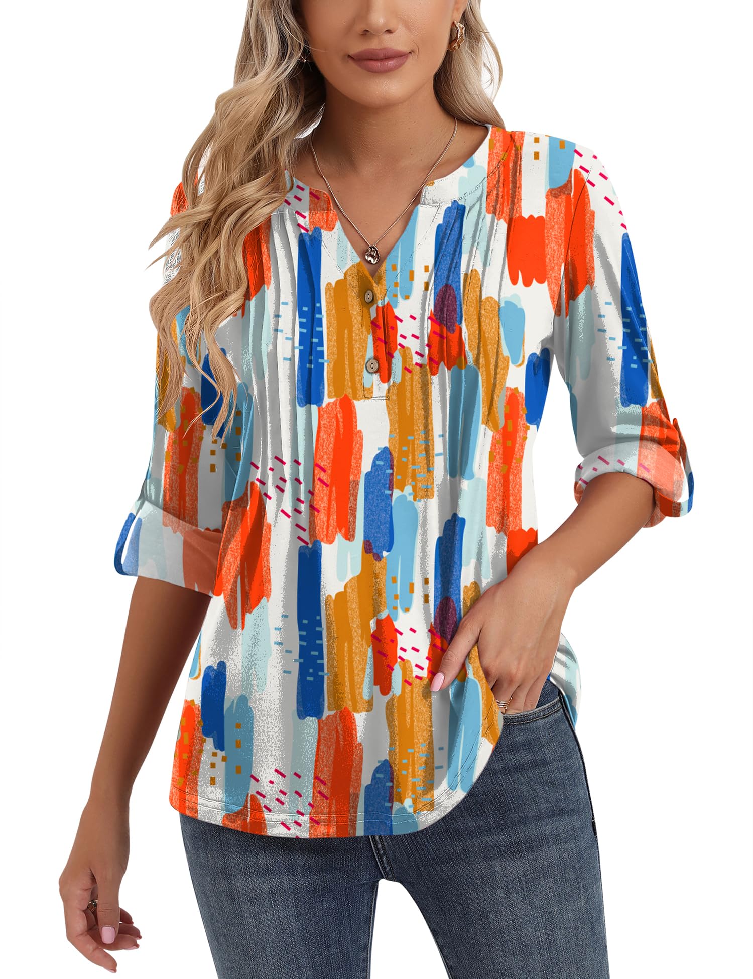 Bashafo 3/4 Sleeve Tops for Women V Neck Henley Long Sleeve Dressy Casual Shirts Ladies Loose Button-up Blouses Tunic