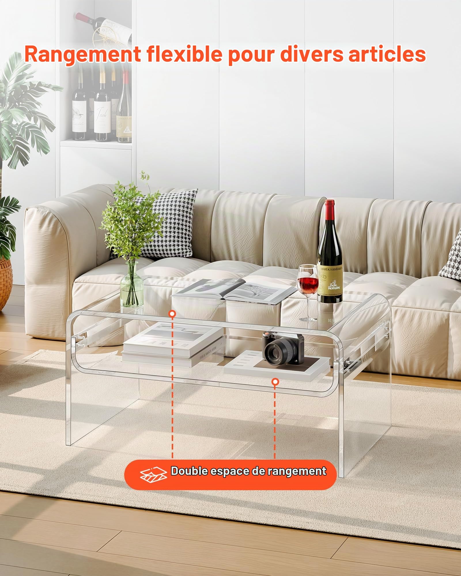 VEVOR Table basse en acrylique, 50 x 80 x 38 cm, table d'appoint de salon à 2 niveaux avec étagère de rangement, bout de canapé rectangulaire moderne, pour salle à manger, cuisine, bureau, transparent