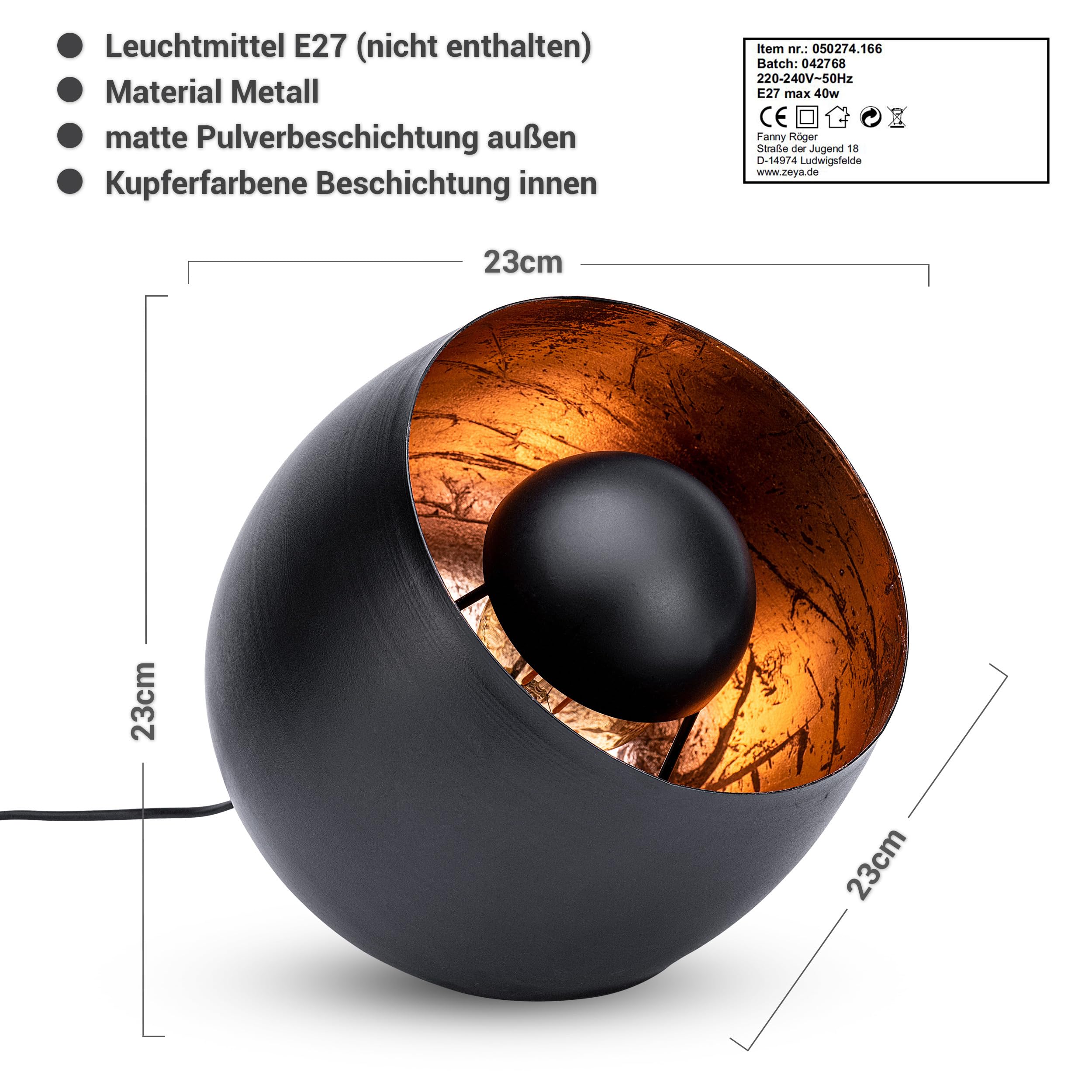 ZEYA Tischleuchte Schwarz Kupfer Metall, Ø 23, rustikale Standleuchte Tisch, runde Dekoleuchte schwarz, industrial & retro Style, E27 Fassung max 40 Watt, Wohnaccessoire & Geschenk für neues Zuhause